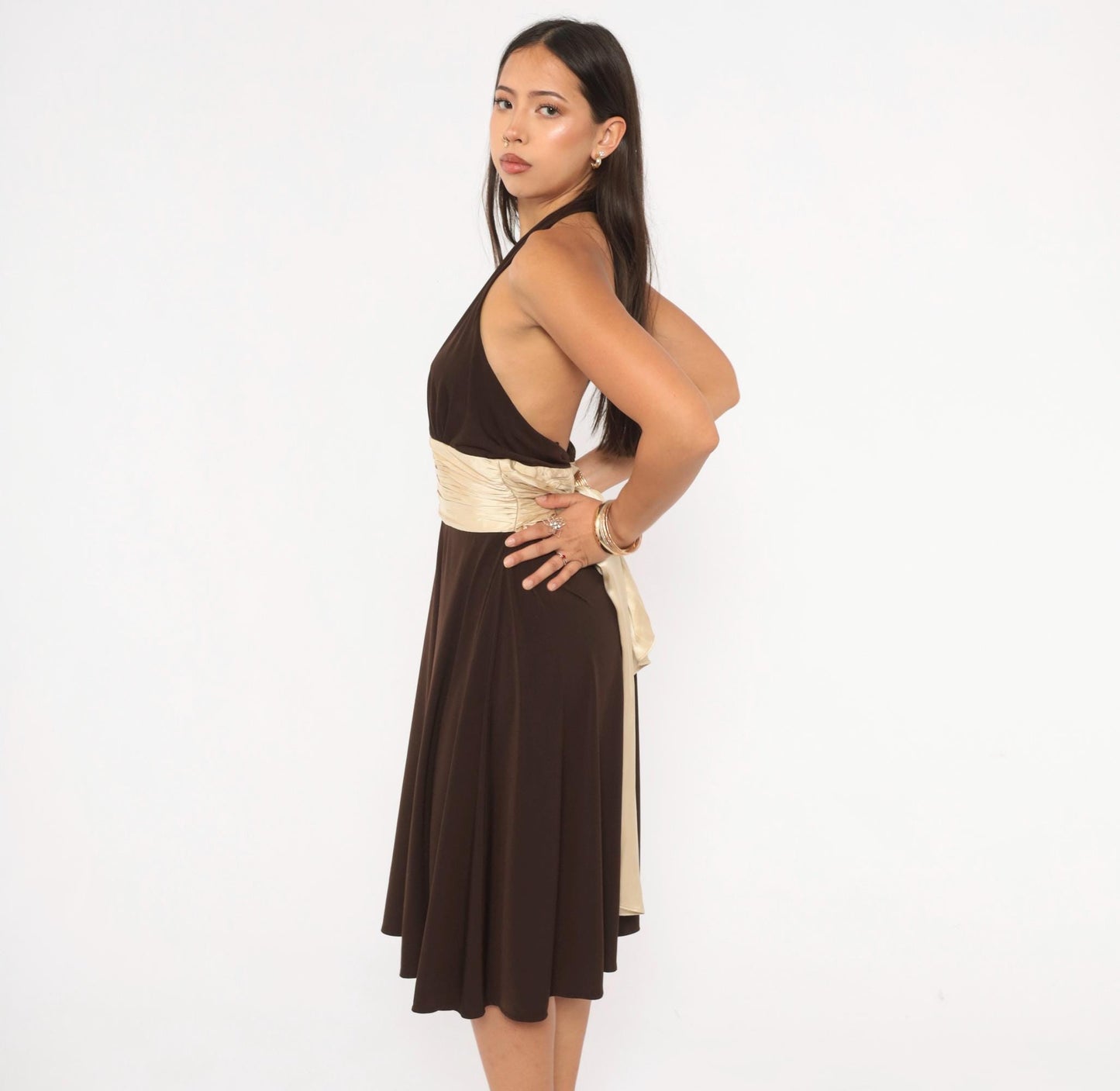 Maggy London Chocolate Halter Dress Silk Sash Deep V Open Back Knee Length Medium