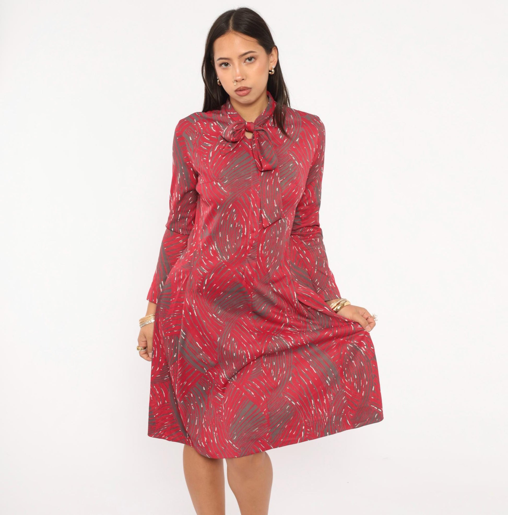 1960s Shelton Stroller Tie Bow Dress Red Grey Abstract Swirl Knee-Length Medium