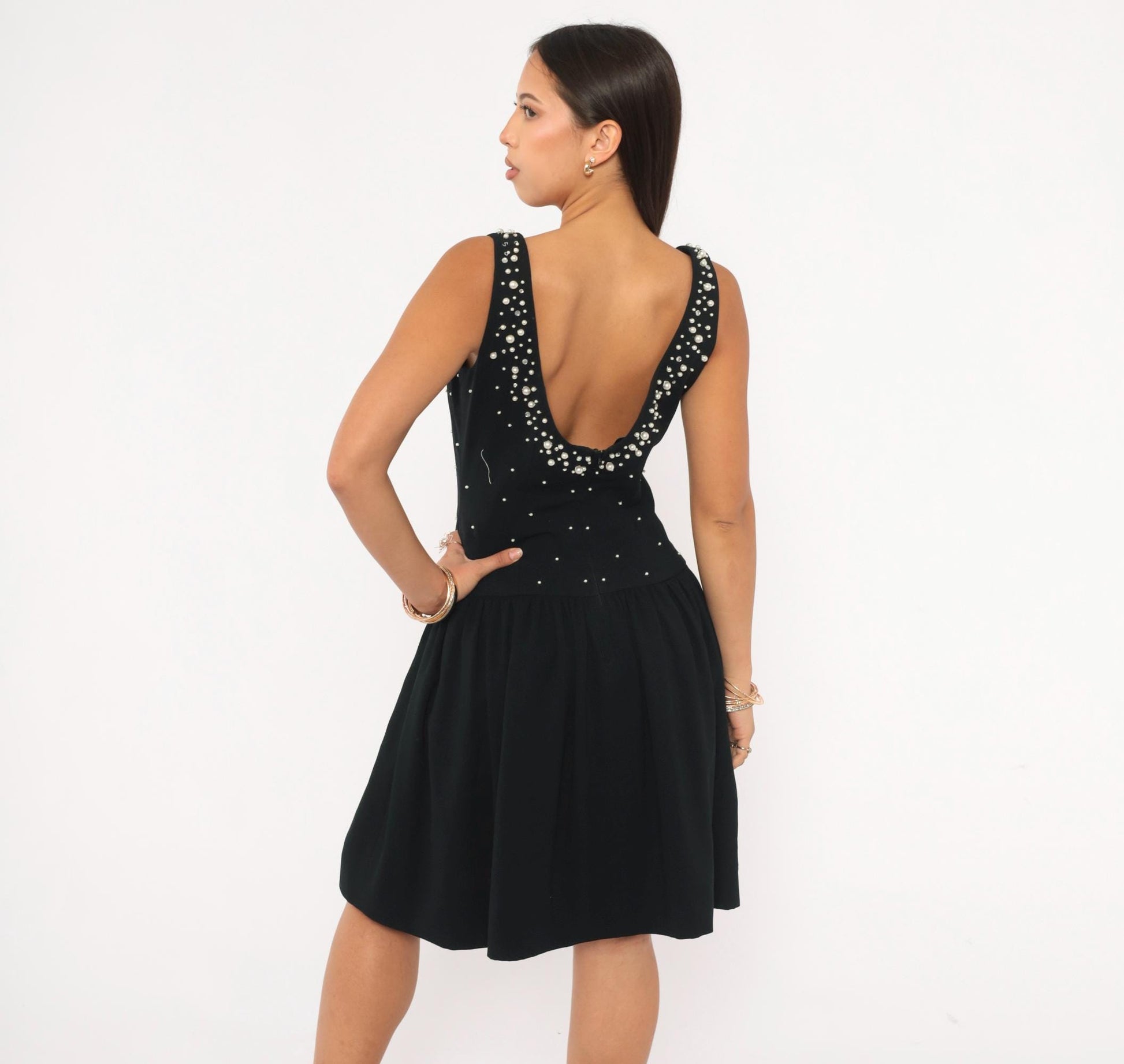 80s Morton Myles Black Pearl Beaded Sweetheart Neckline Cocktail Dress Medium