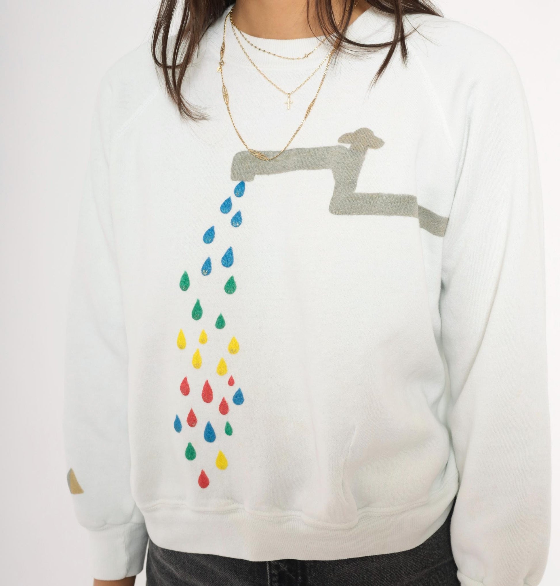 90s Basset Walker White Crewneck Sweatshirt Faucet Raindrop Graphic Raglan Small