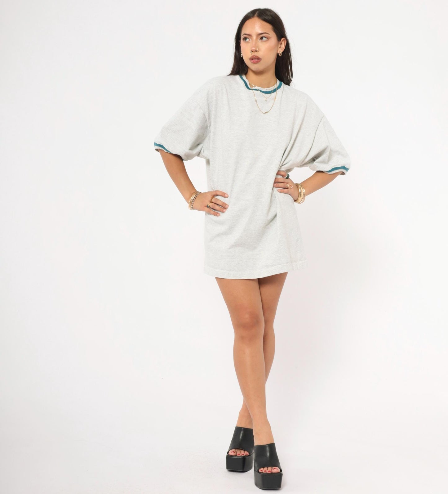 90s Signal Ringer Tee Teal Trim Embroidered Back Grey Cotton XXL