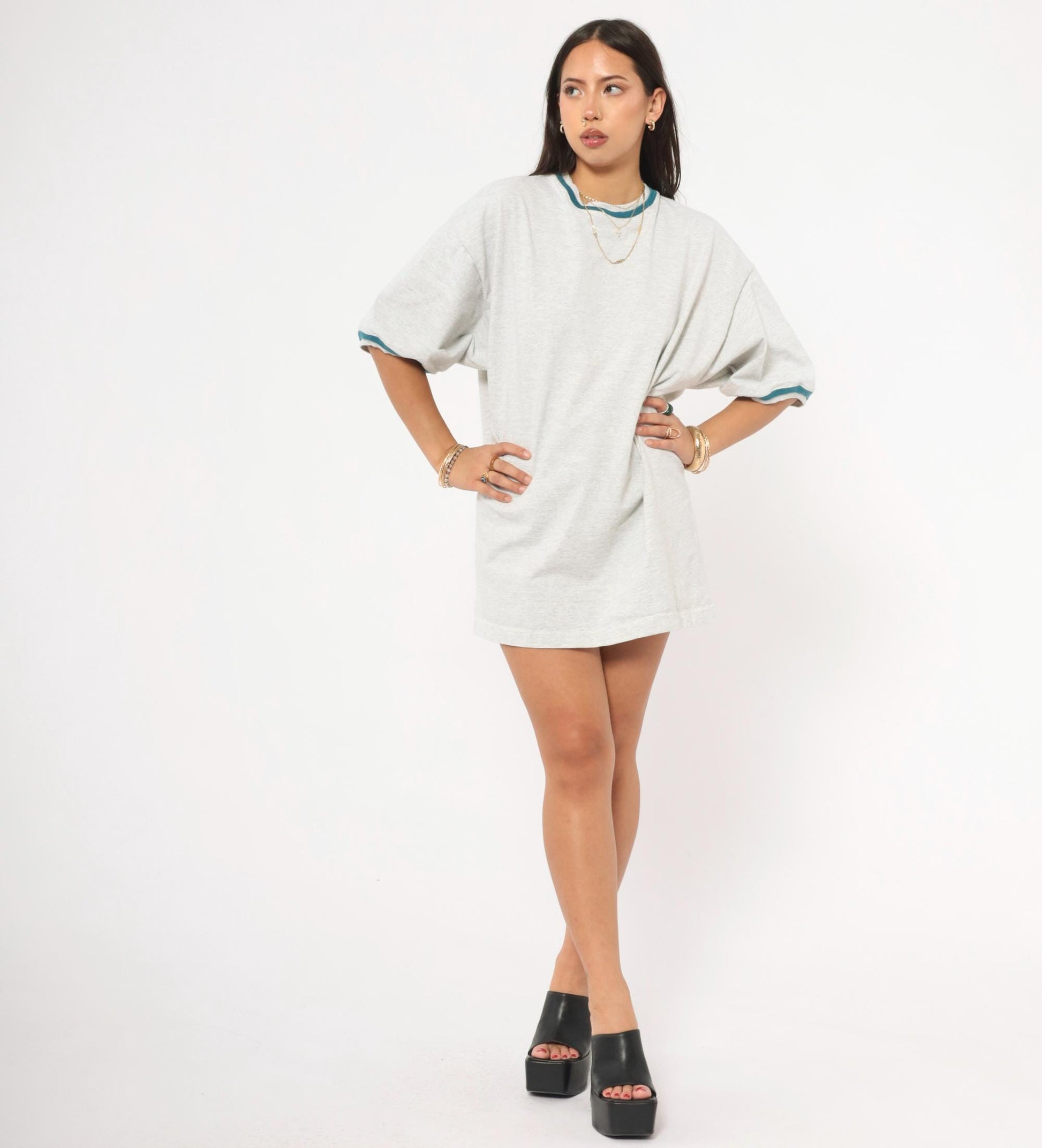 90s Signal Ringer Tee Teal Trim Embroidered Back Grey Cotton XXL