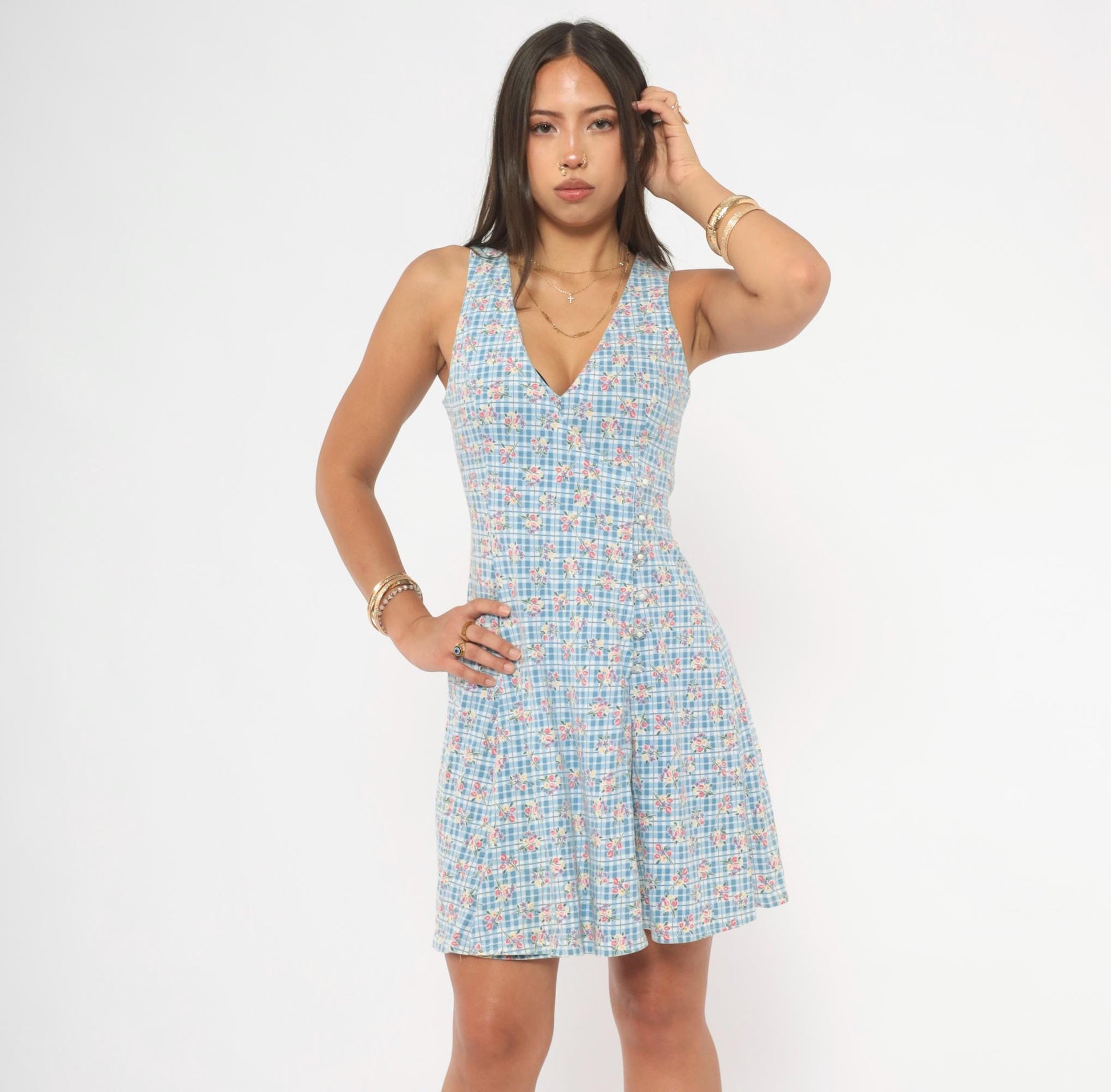 90s Blue Gingham Floral Playsuit Romper Mini Sleeveless Small S