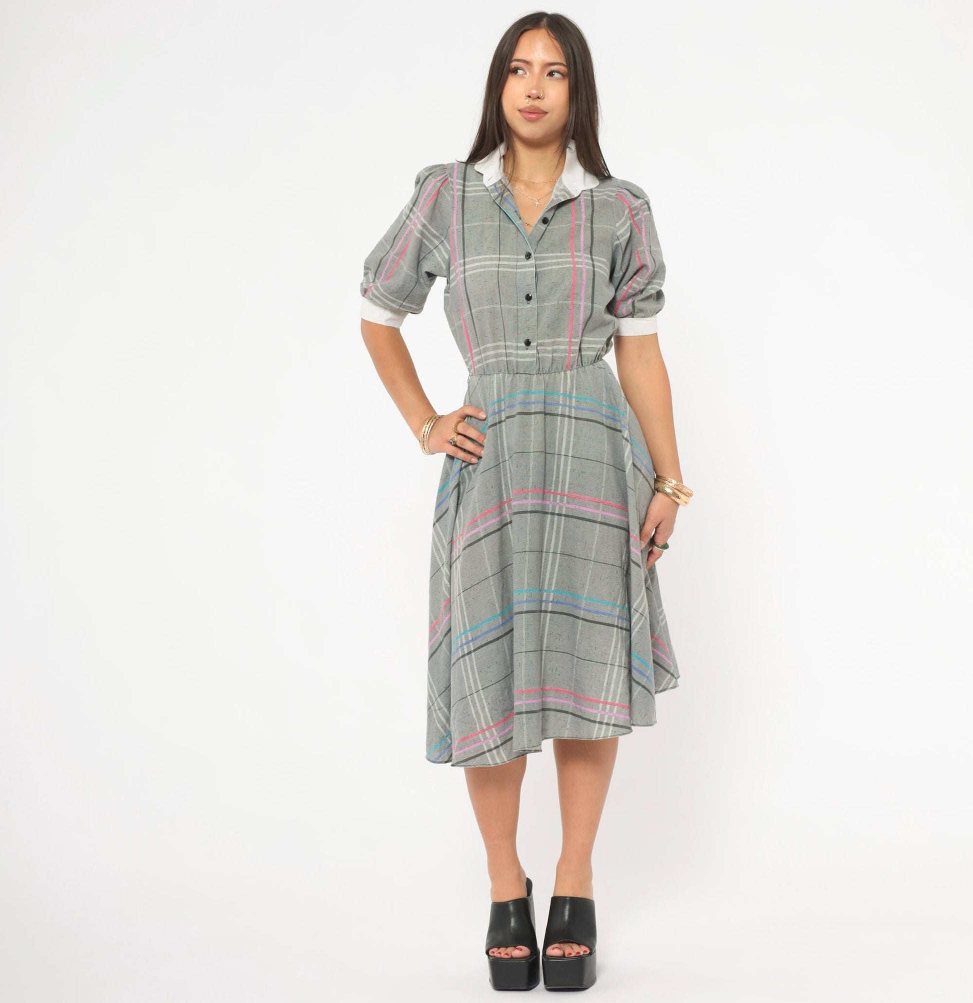 80s Grey Plaid Shirtdress Puff Sleeve White Collar A-Line Small
