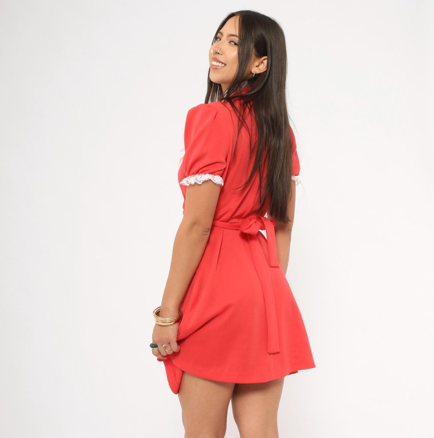 70s Red Mini Dress White Lace Bib Puff Sleeve A-Line Small S