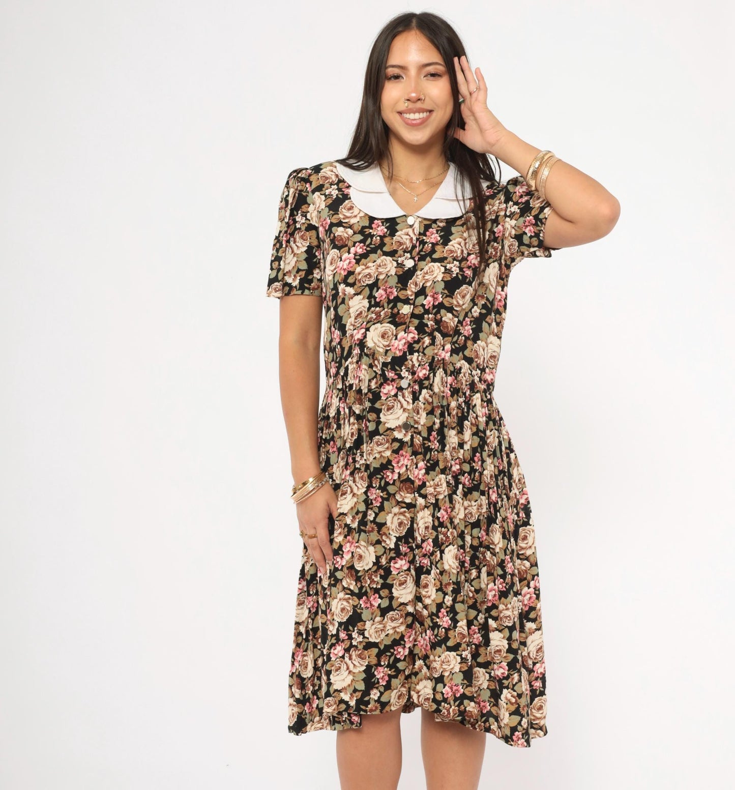 90s Black Floral Peter Pan Collar Dress Button Front Knee Length Medium M
