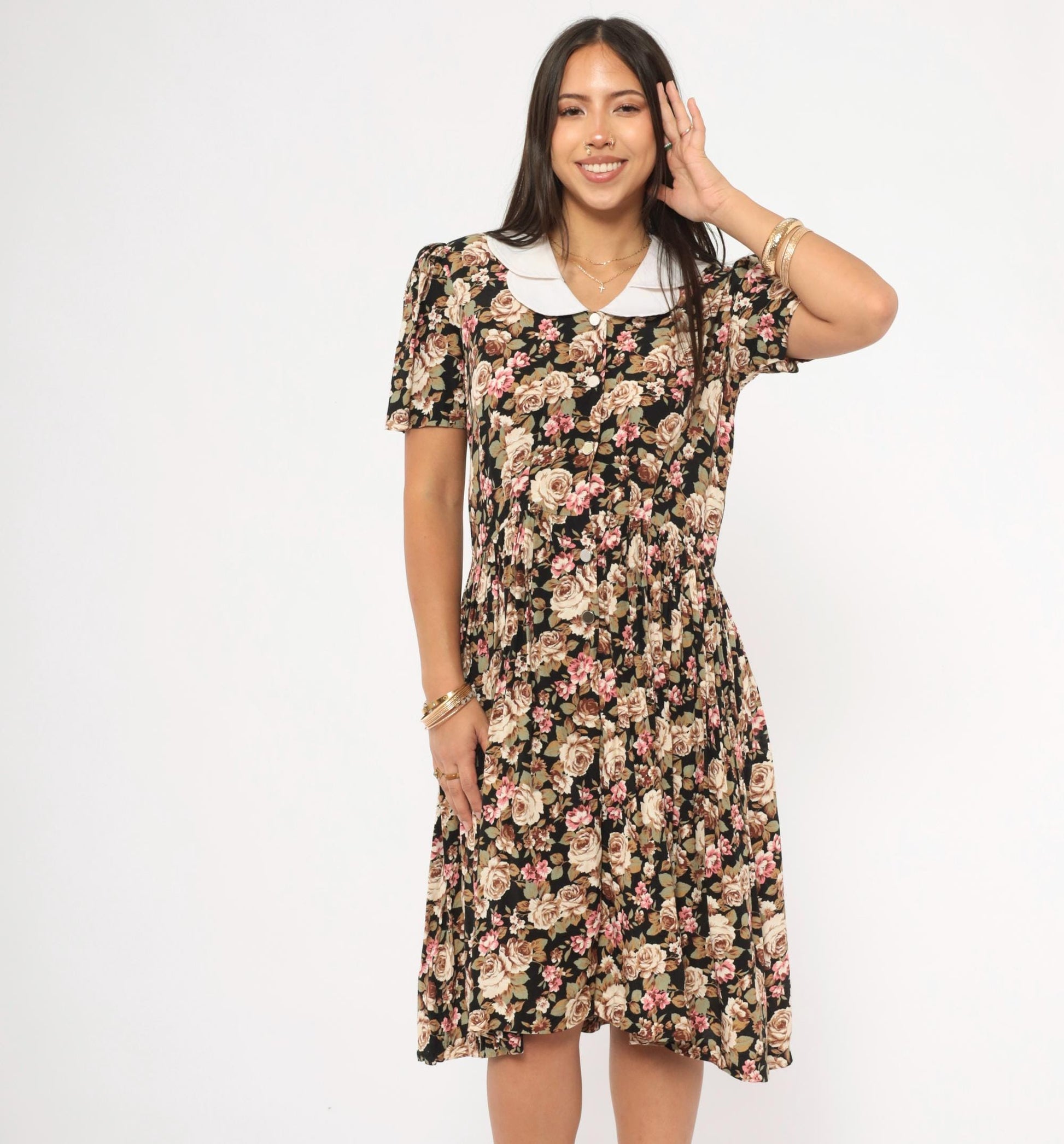 90s Black Floral Peter Pan Collar Dress Button Front Knee Length Medium M