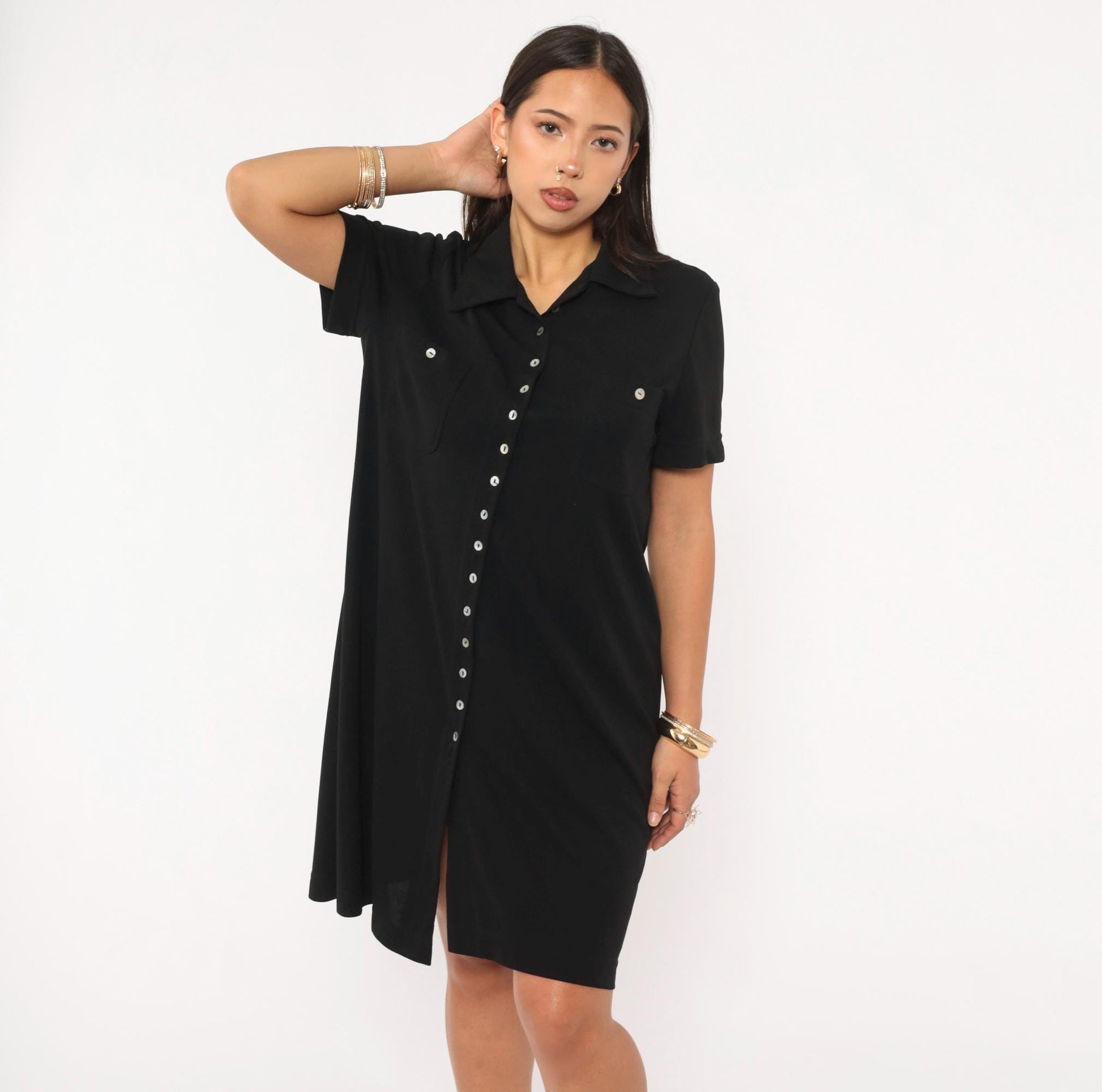 90s Jessica Howard Black Shirt Dress Button Front Collar Knee-Length Medium M