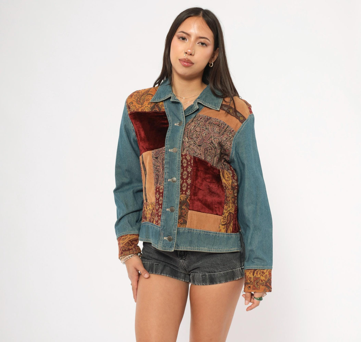 2000s Out Of The Blue Patchwork Denim Jacket Velvet Corduroy Paisley Small S