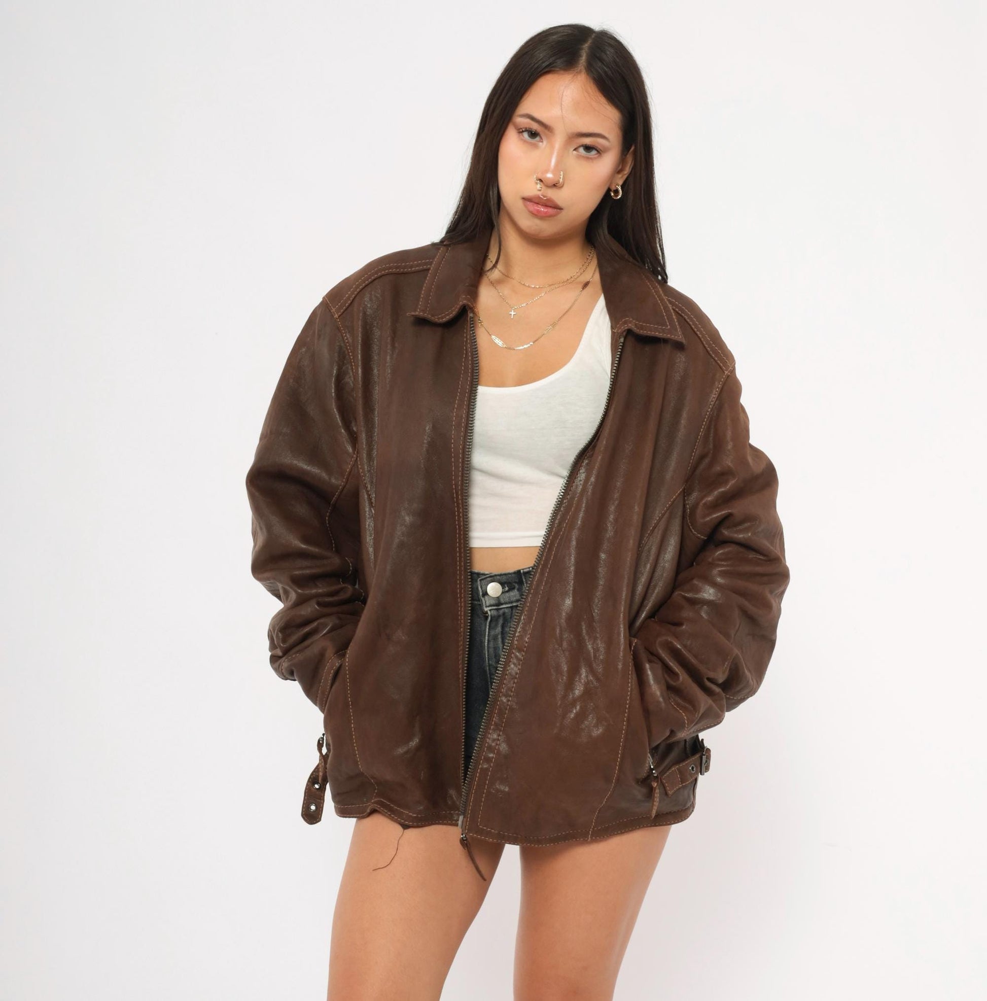 Y2K Wilsons Brown Leather Moto Jacket Paneled Spread Collar Large L