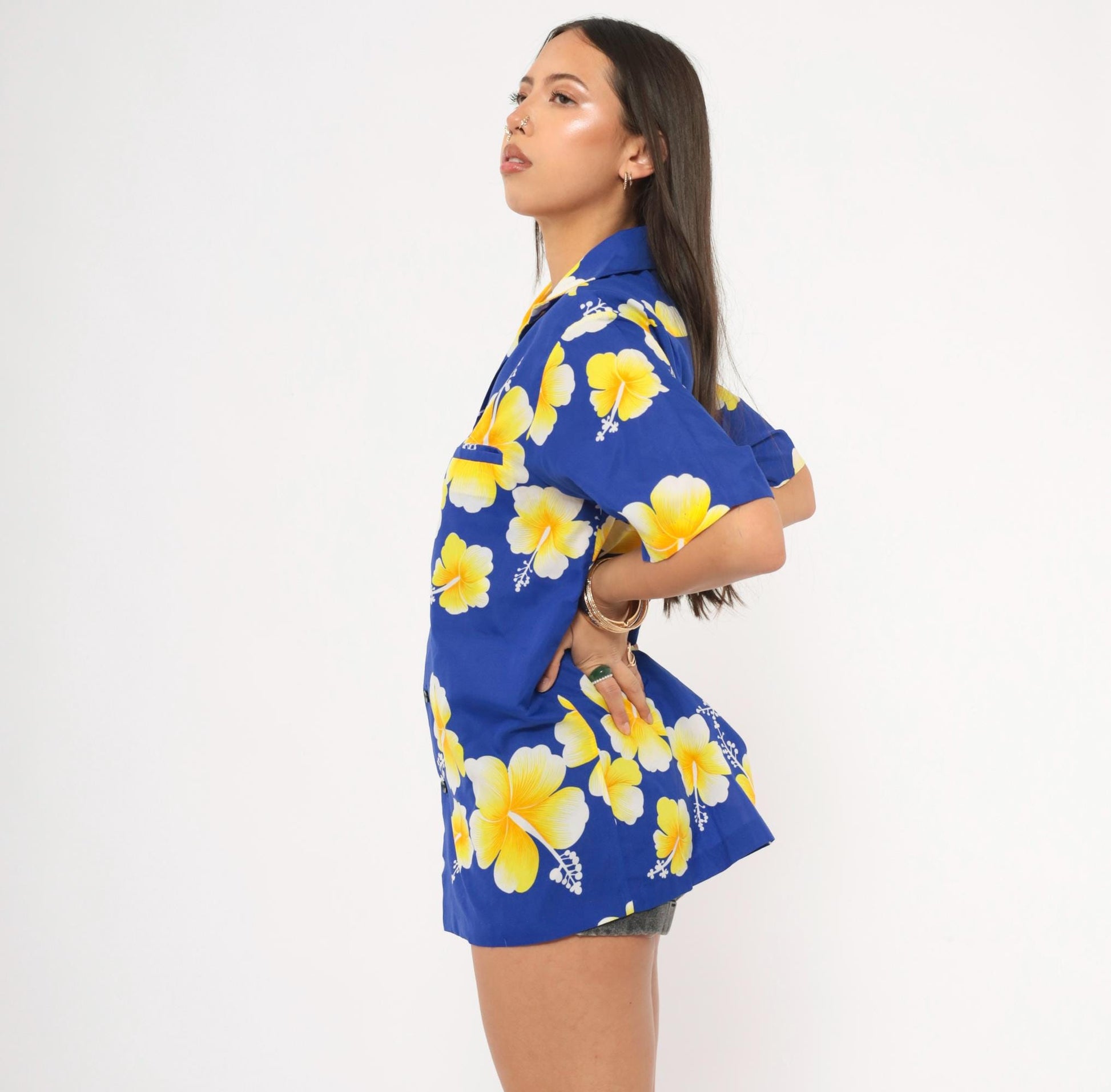 90s Hawaiian Hibiscus Camp Collar Shirt Cobalt Blue Yellow Floral Medium