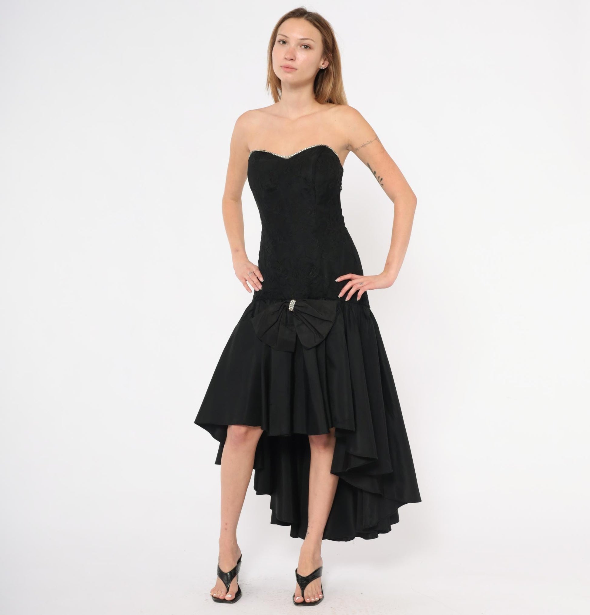 80s Jolie Madame Black Strapless Gown Lace Bodice Rhinestone Trim Small