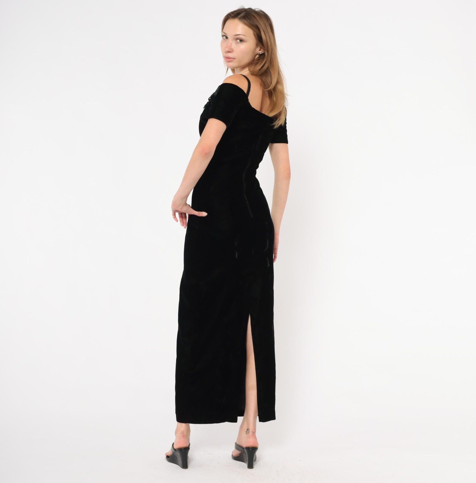 90s Rampage Black Velvet Maxi Gown Beaded Lace Off-Shoulder Extra Small XS