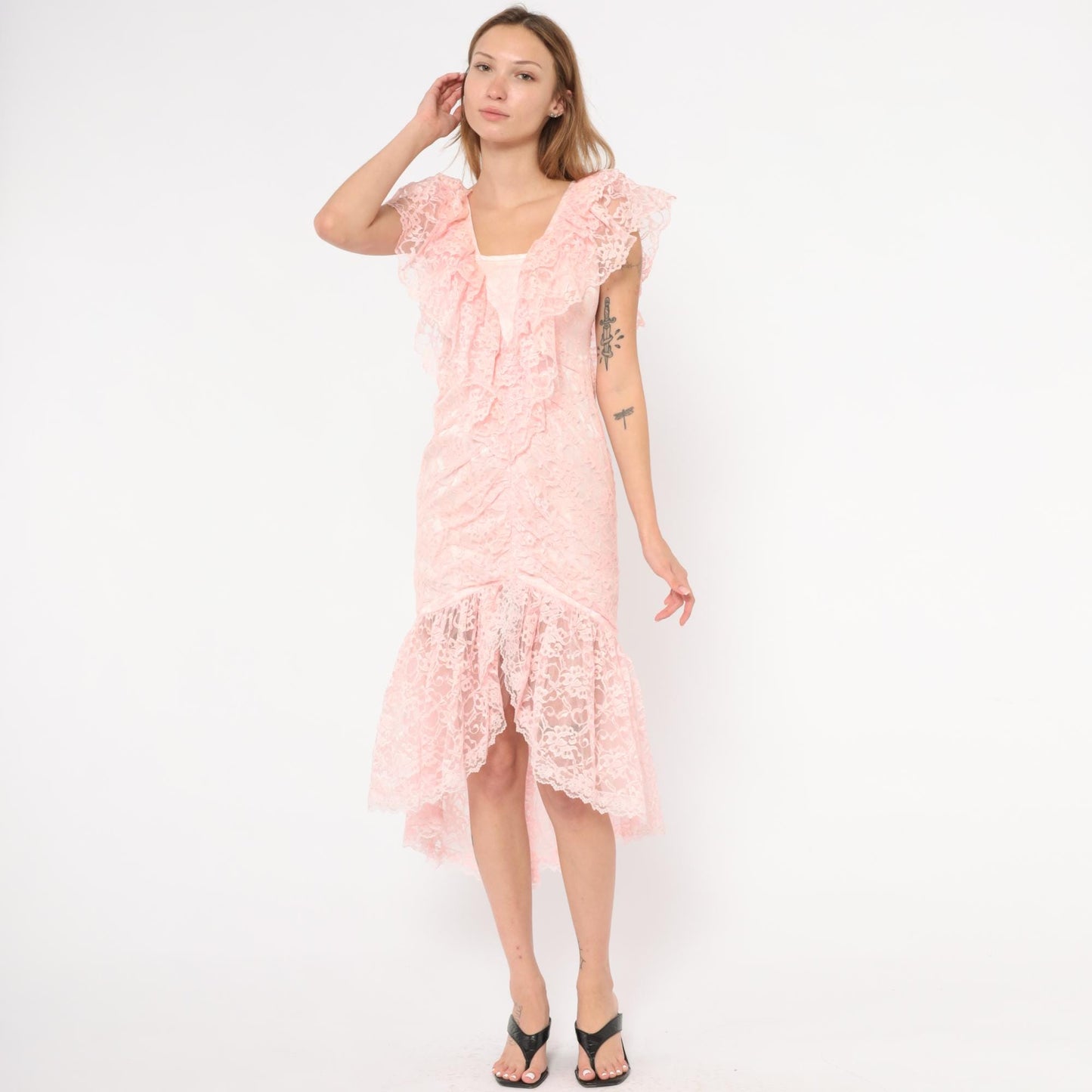 80s Pink Lace Midi Dress Floral Overlay Ruffled Cap Sleeves Small