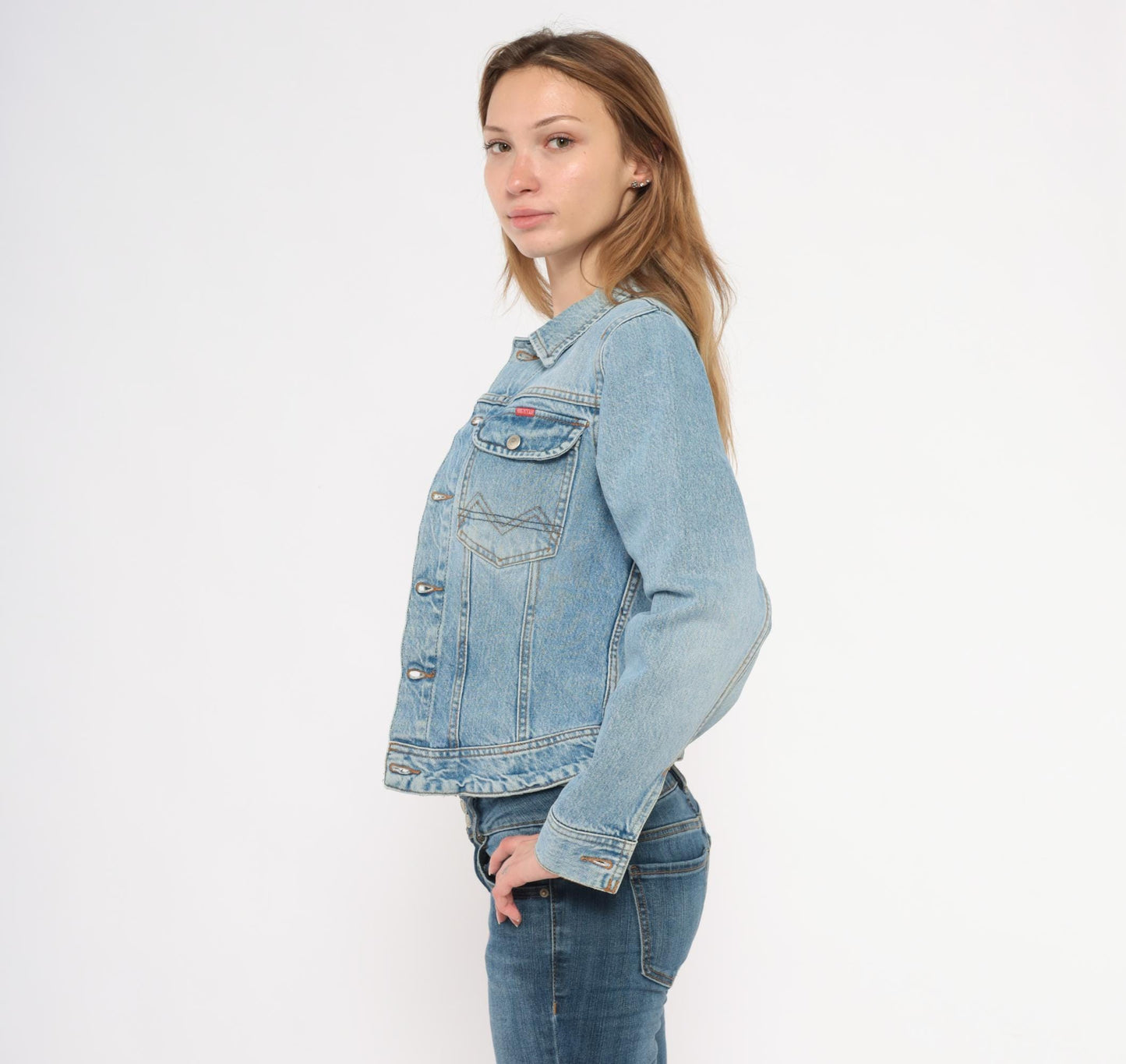 90s Big Star Light Wash Denim Jacket Cropped Pointed Collar Extra Small XS