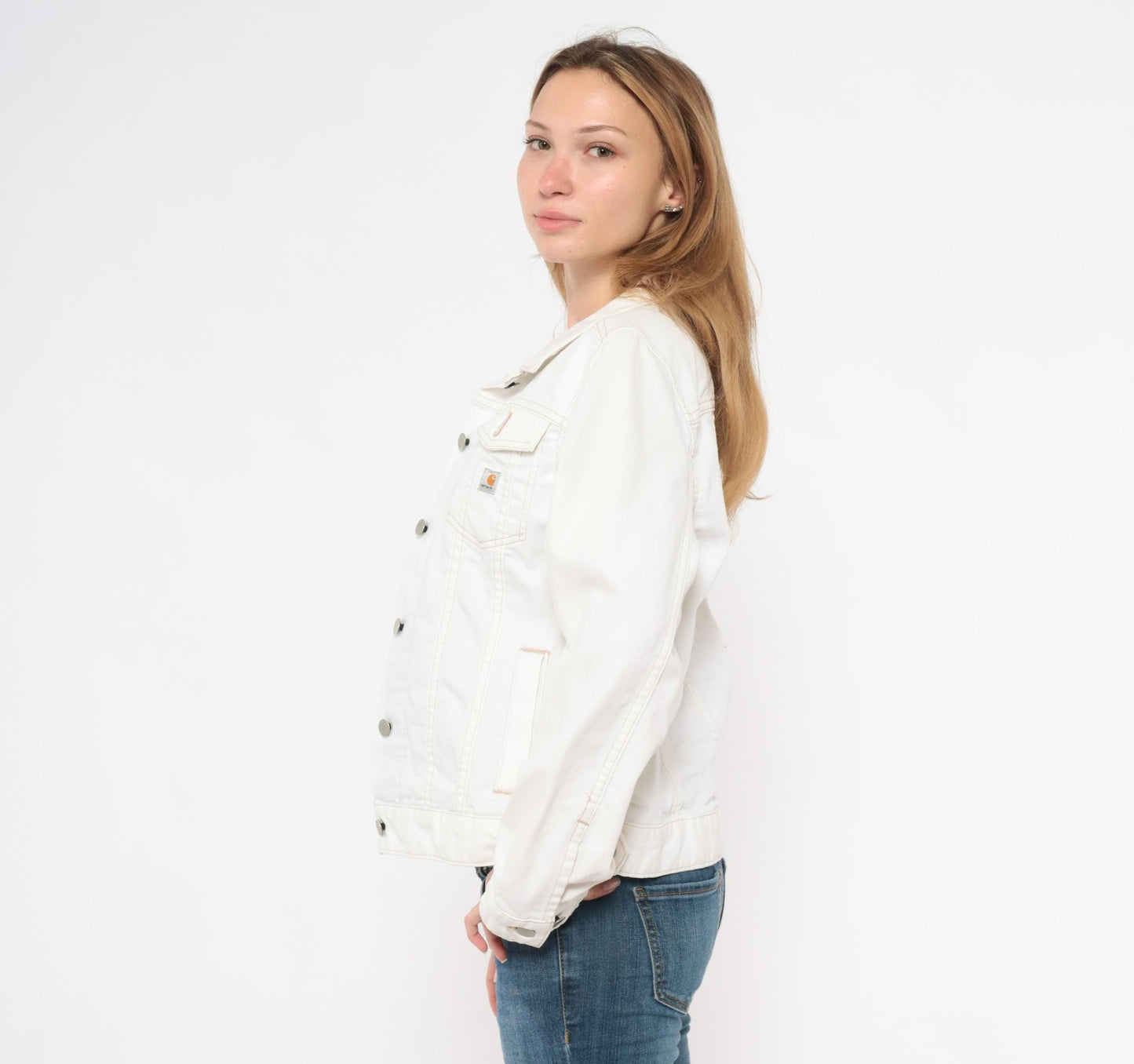 2000s Carhartt Denim Jacket White Contrast Stitch Trucker Medium M