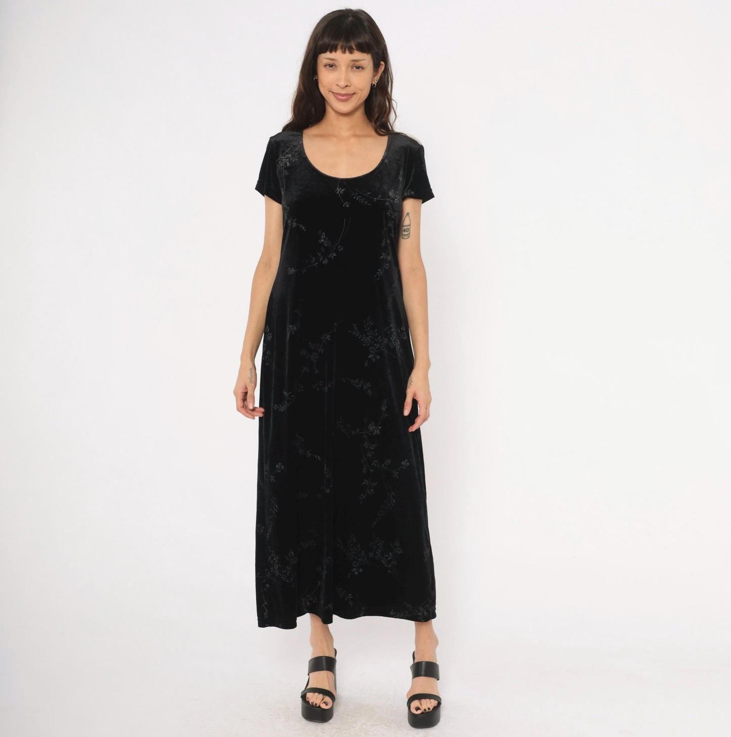 90s DJ & Co Black Velvet Maxi Dress Burnout Floral Short Sleeve Large L