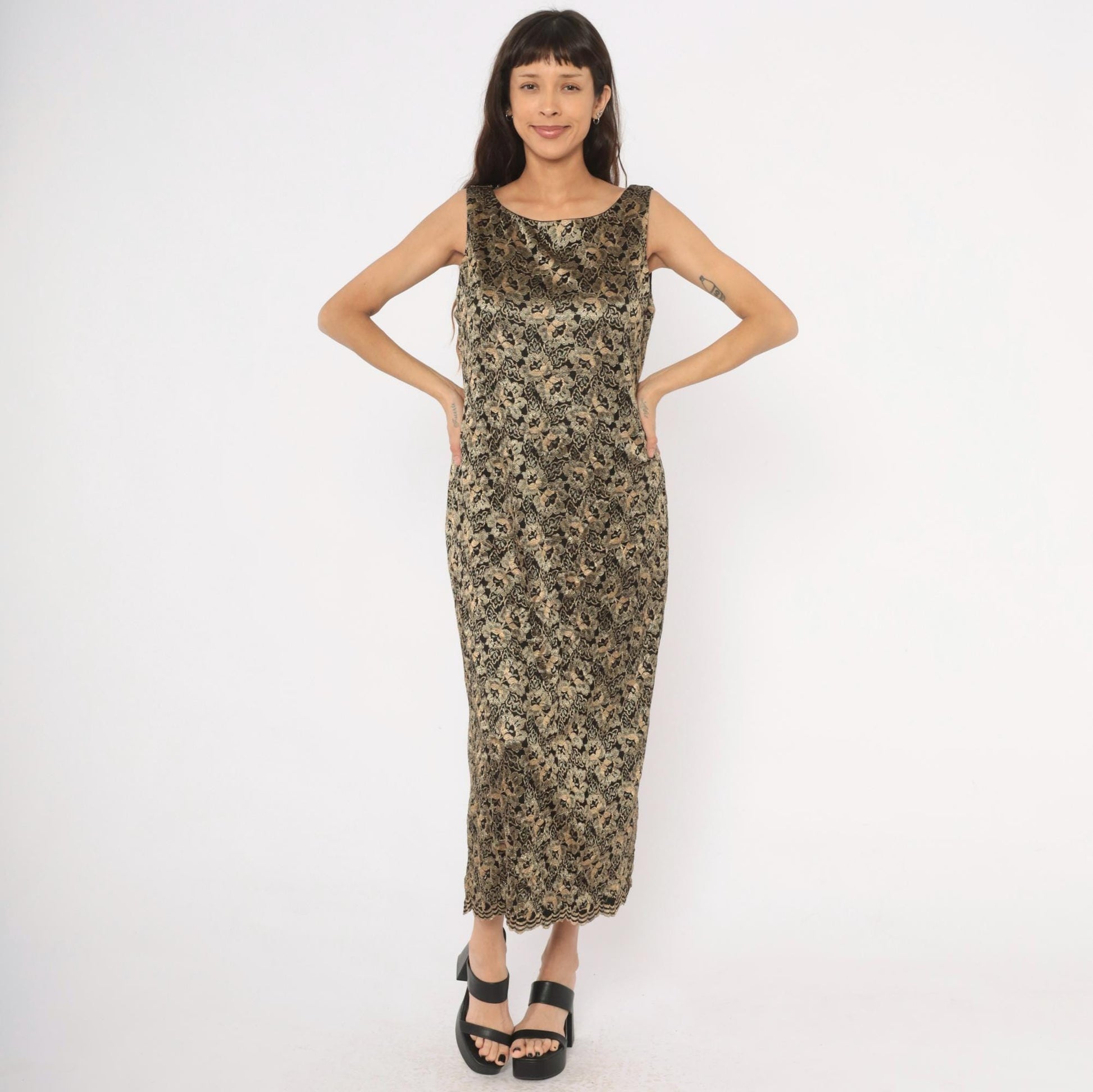 90s Jessica Howard Gold Floral Lace Maxi Dress Black Sleeveless Large L