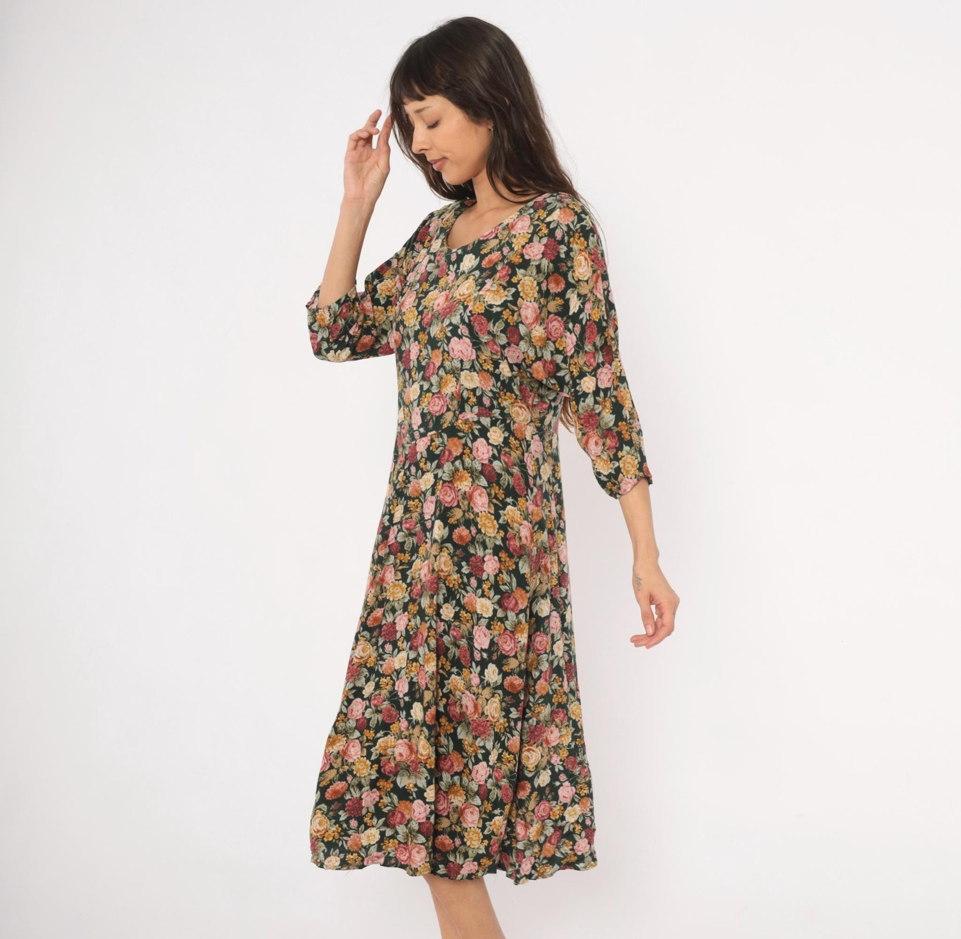90s Paquette Floral Midi Dress Garden Rose Print Black Pink Burgundy Large L