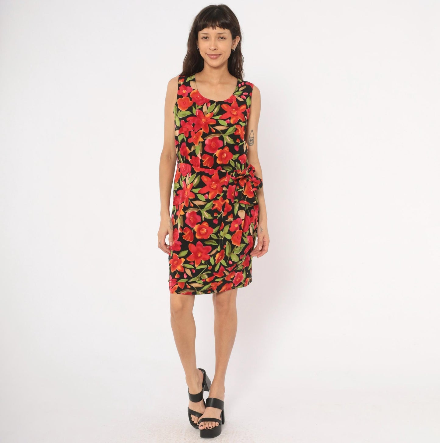 90s Sag Harbor Floral Wrap Dress Knee Length Black Red Tropical Medium M