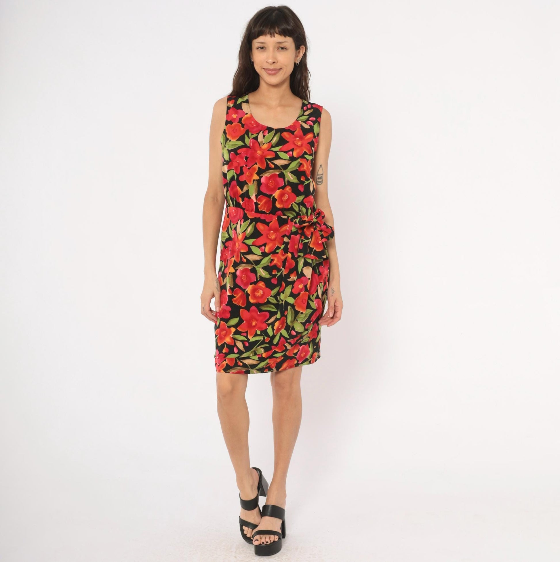 90s Sag Harbor Floral Wrap Dress Knee Length Black Red Tropical Medium M
