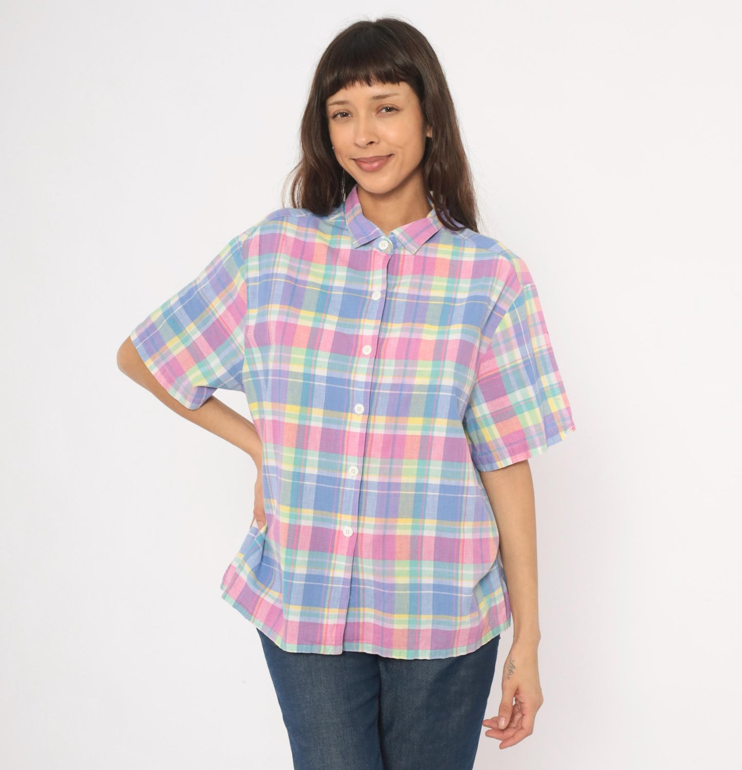 80s Jessica Tyler Madras Plaid Button-Up Blouse Pink Lavender Blue Cotton Large L