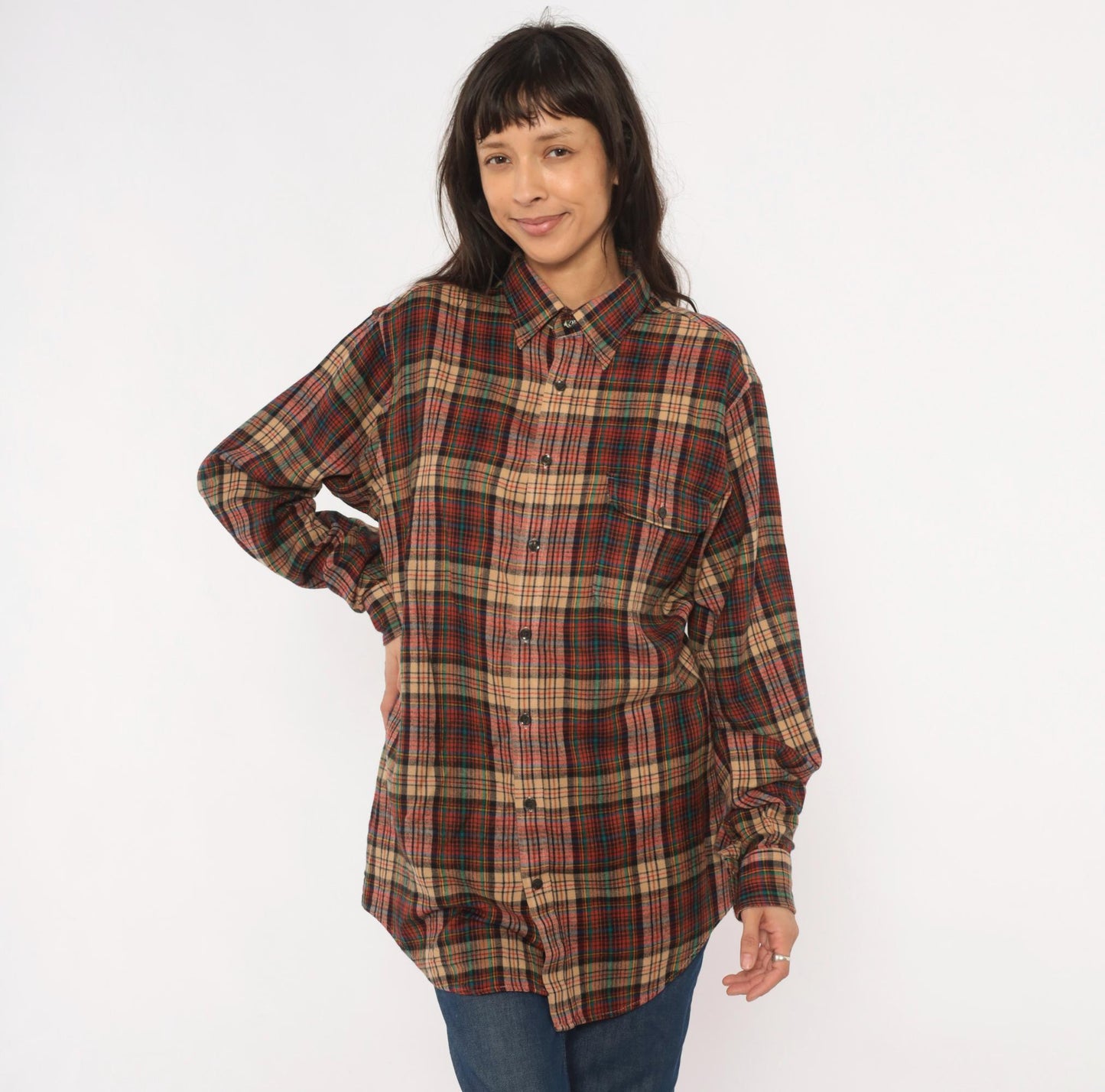 90s Enro Sportswear Plaid Flannel Shirt Burgundy Green Tartan Button-Up Large Tall
