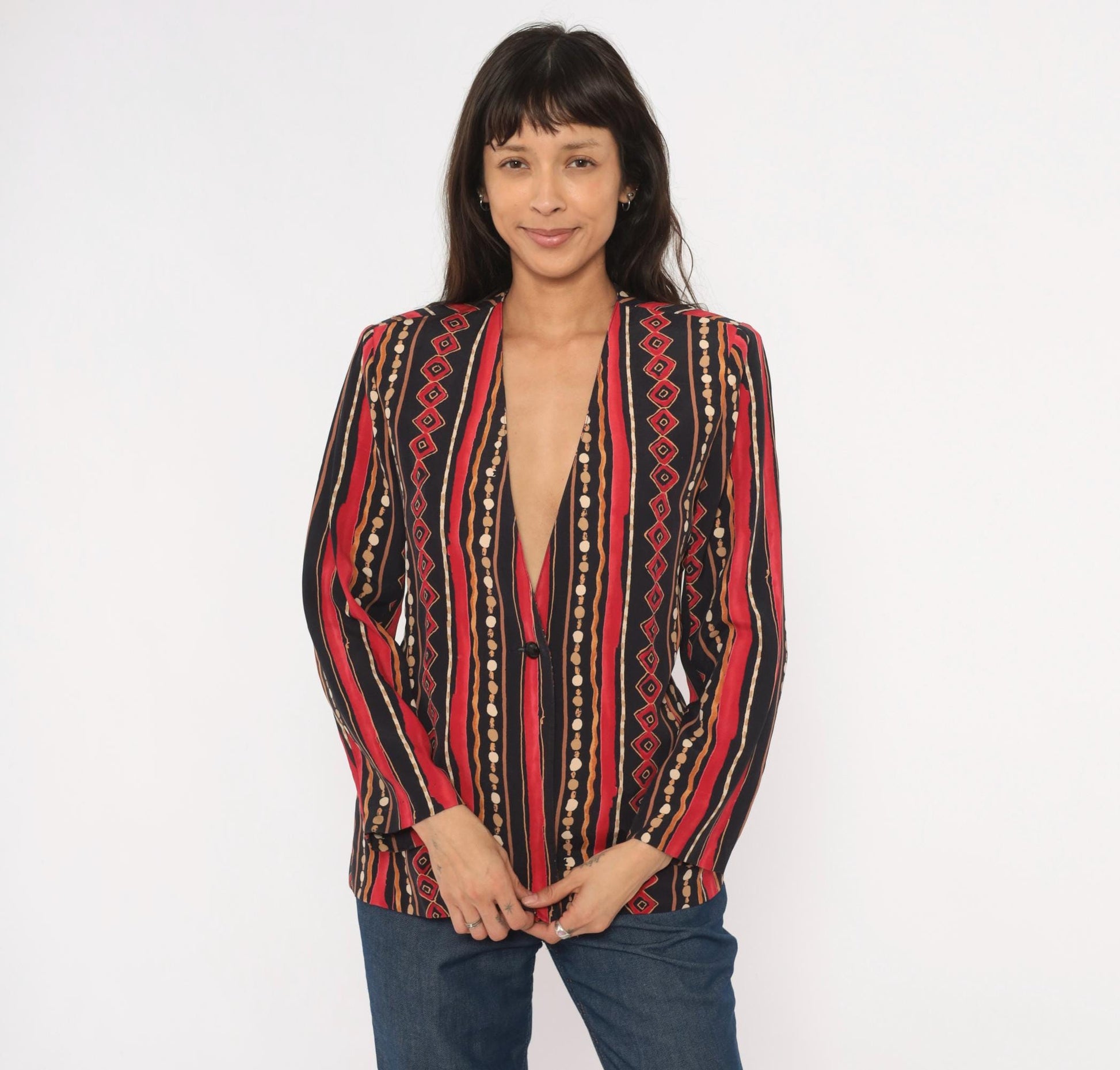 90s Southern Lady Tribal Stripe Blazer Collarless Geometric Black Small