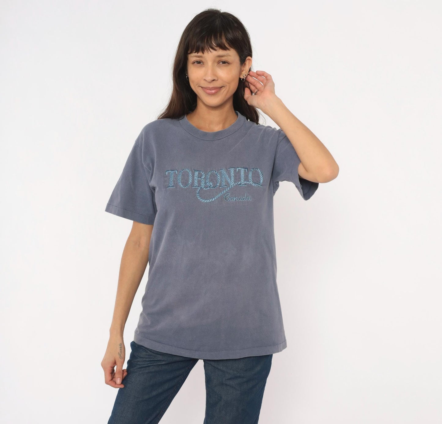 90s Toronto Canada Embroidered Tee Fruit of the Loom Slate Blue Grey Medium