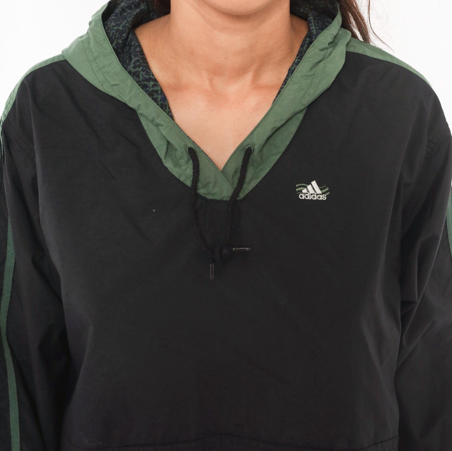 90s Adidas Pullover Windbreaker Black Olive Green Three Stripe Hooded Anorak Large L