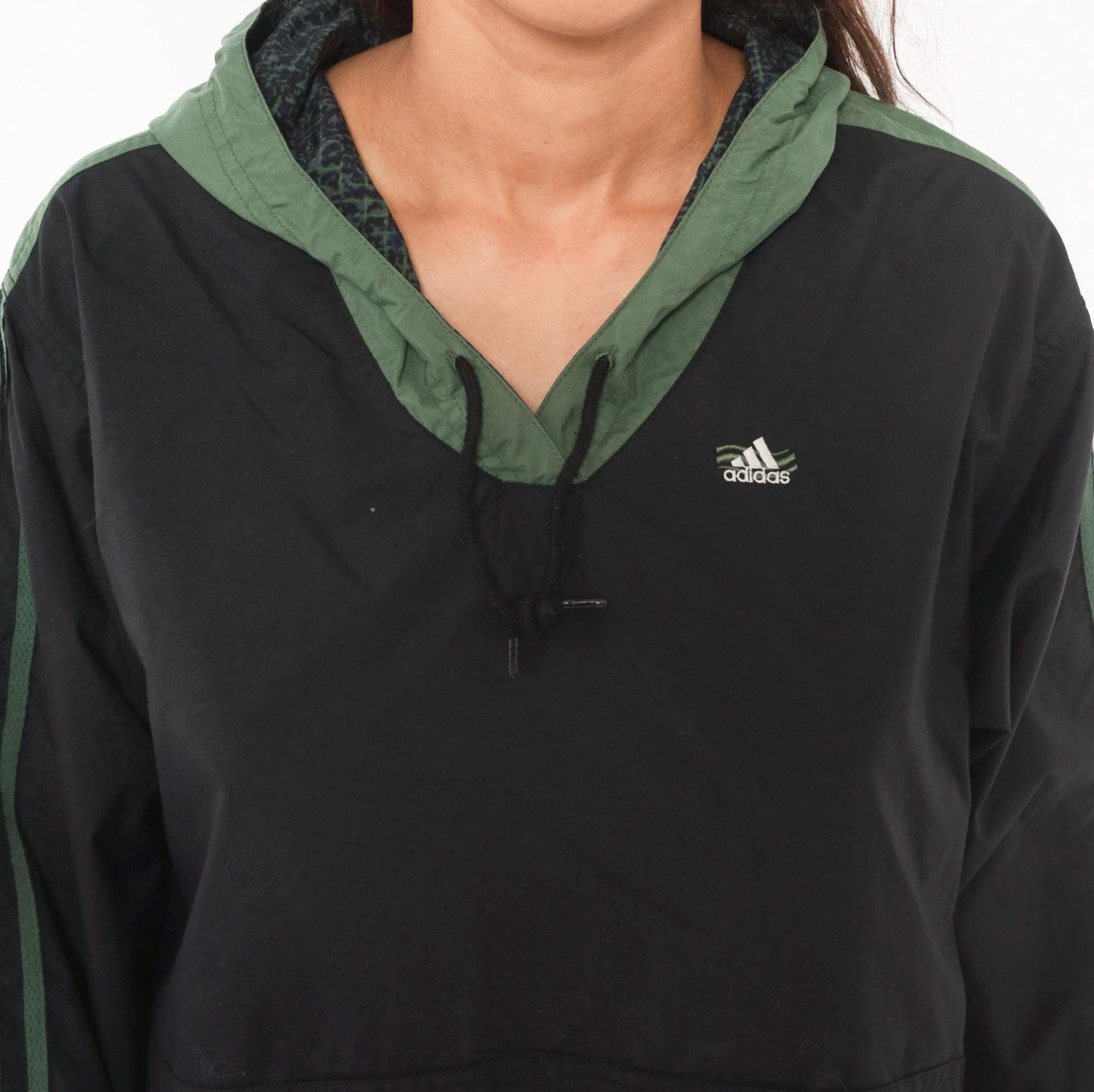 90s Adidas Pullover Windbreaker Black Olive Green Three Stripe Hooded Anorak Large L