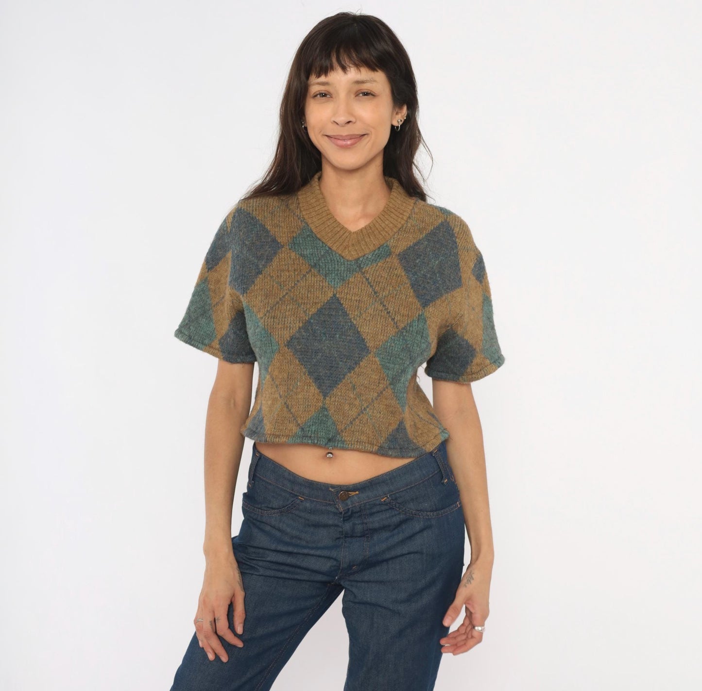 70s Brentwood Argyle Crop Sweater Wool V-Neck Tan Blue Small S
