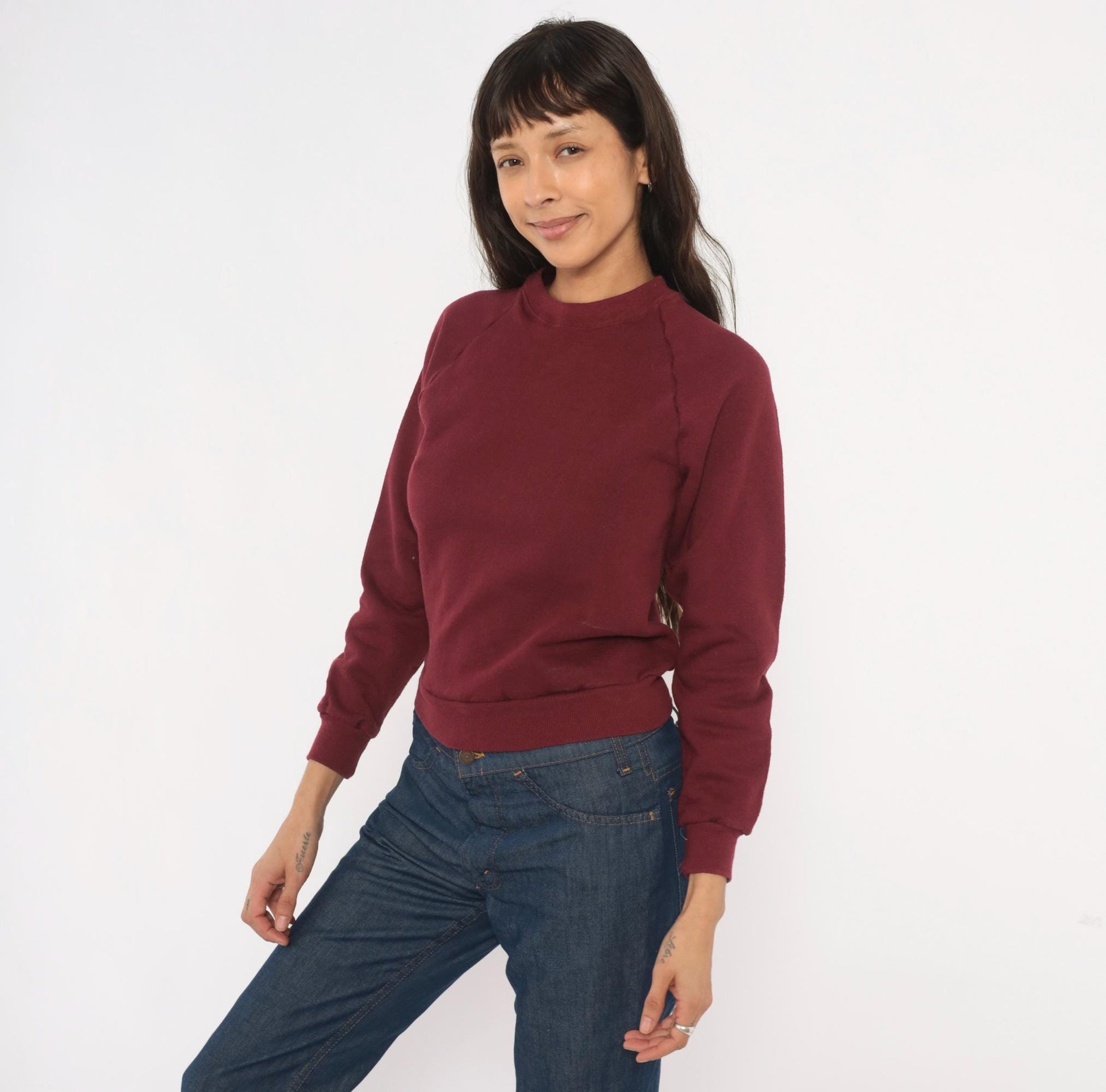 90s Jerzees Burgundy Raglan Sweatshirt Crewneck Solid Wine Pullover Extra Small XS