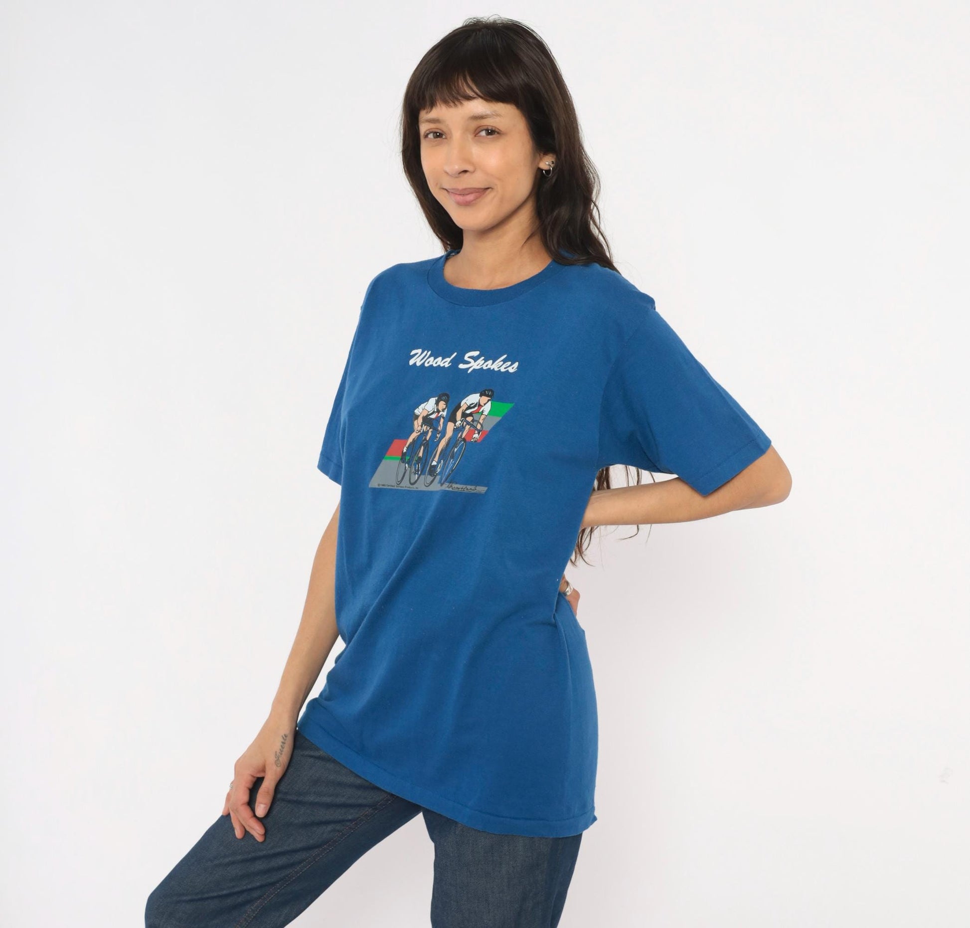 80s Jerzees Wood Spokes Cycling Graphic Tee Blue Crew Neck Large L