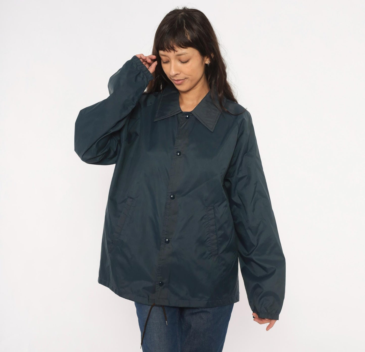 80s David Peyser Navy Coach Jacket Snap Front Windbreaker Nylon Large