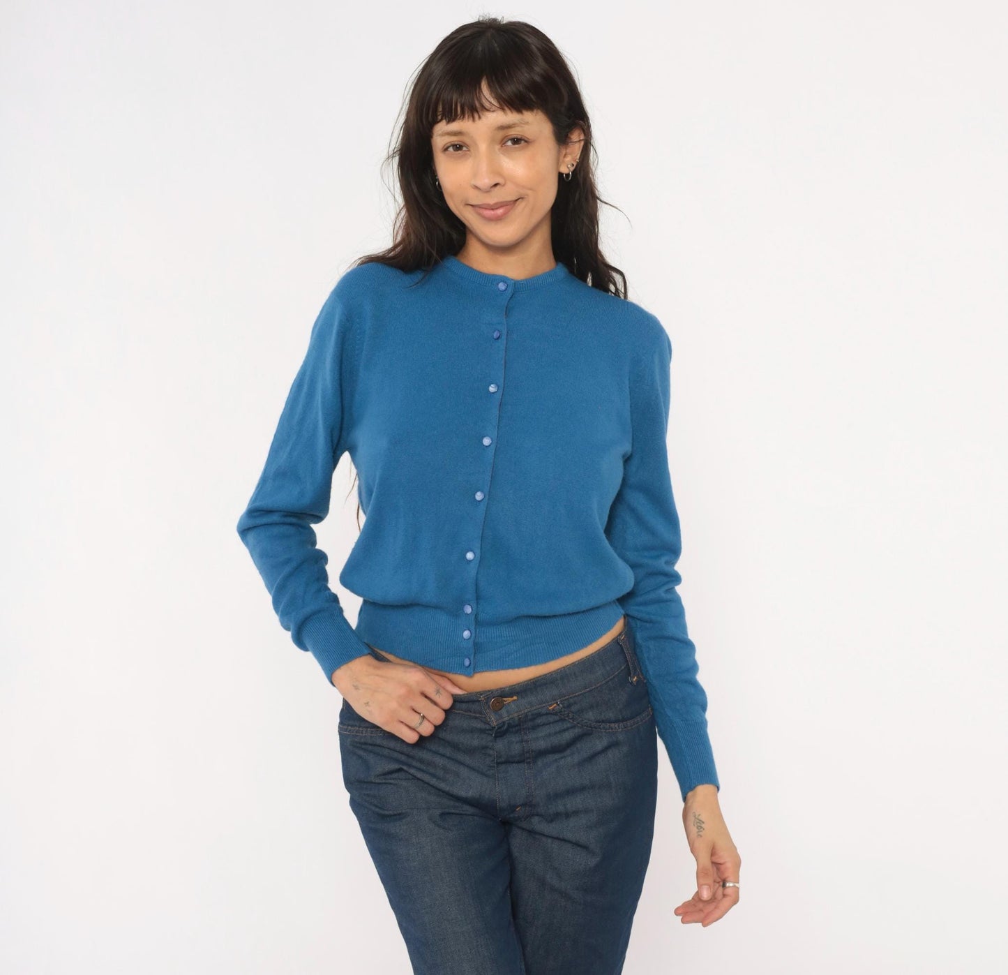 60s Joyce Lane Blue Cardigan Knit Sweater Cropped Ribbed Small S