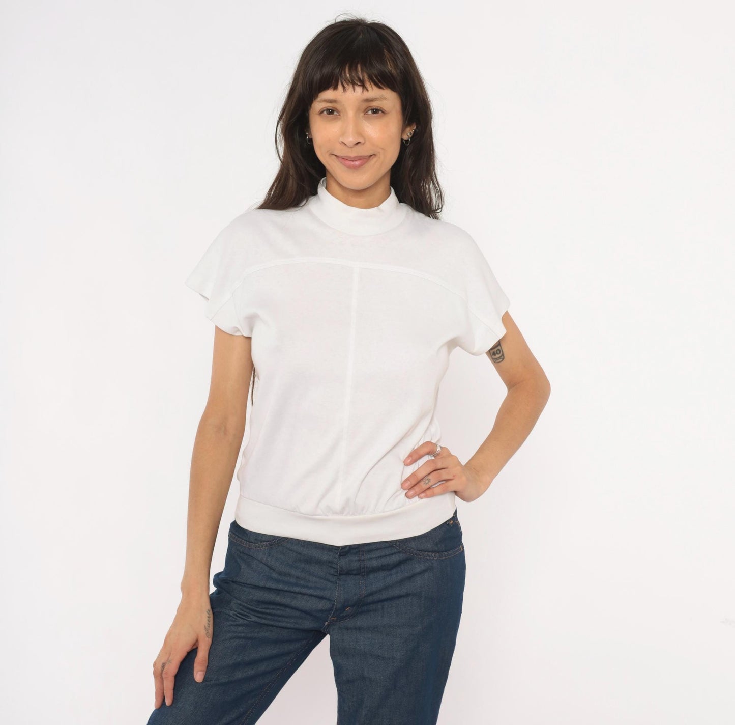 90s White Stag Mock Neck Short Sleeve Top Cream Cotton Pullover Small S