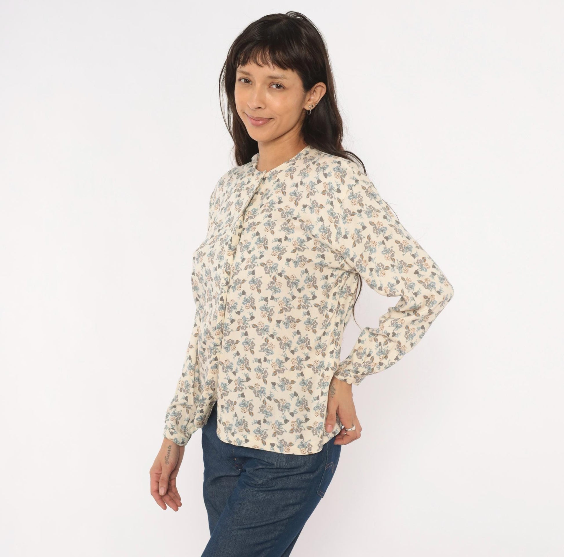 90s Josephine Chaus Floral Button Blouse Cream Puff Sleeve Collarless Medium M