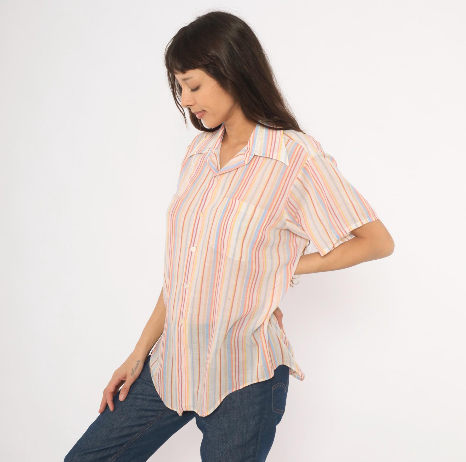 70s Brookdale Striped Camp Shirt Pastel Rainbow Cotton Notched Collar Medium