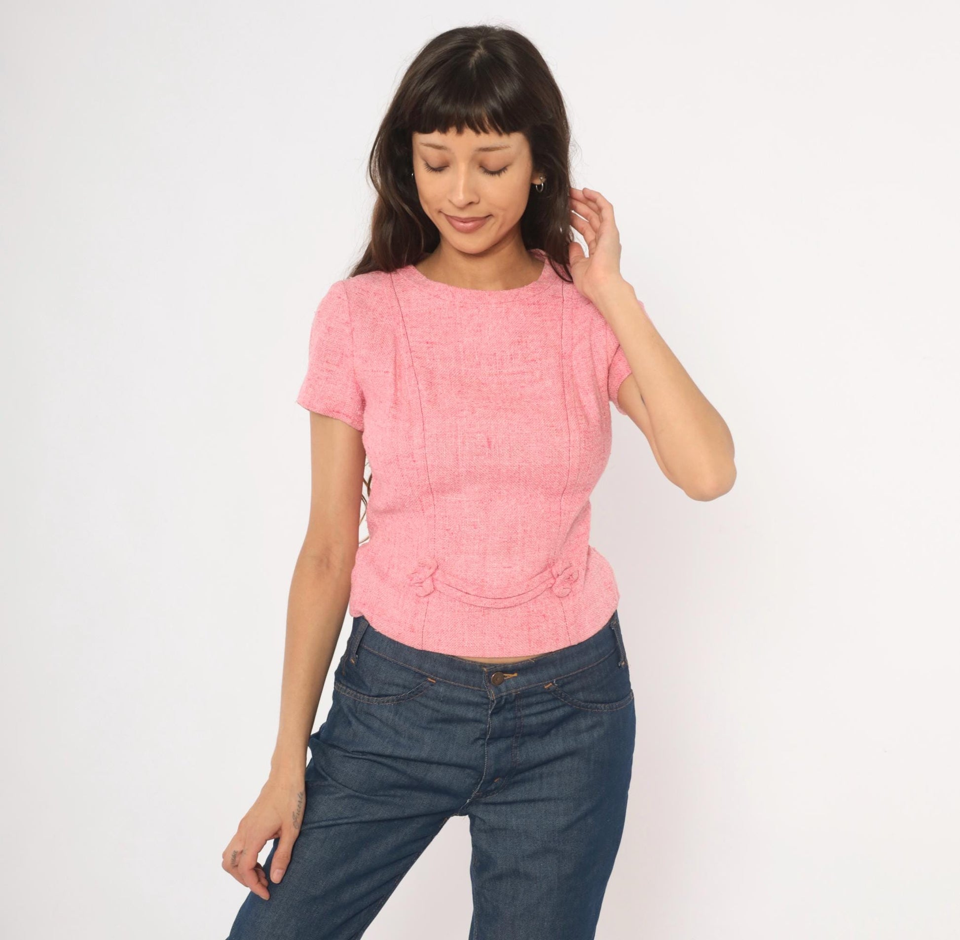 60s Pink Tweed Blouse Scoop Neck Bow Detail Fitted Waist Cotton Small