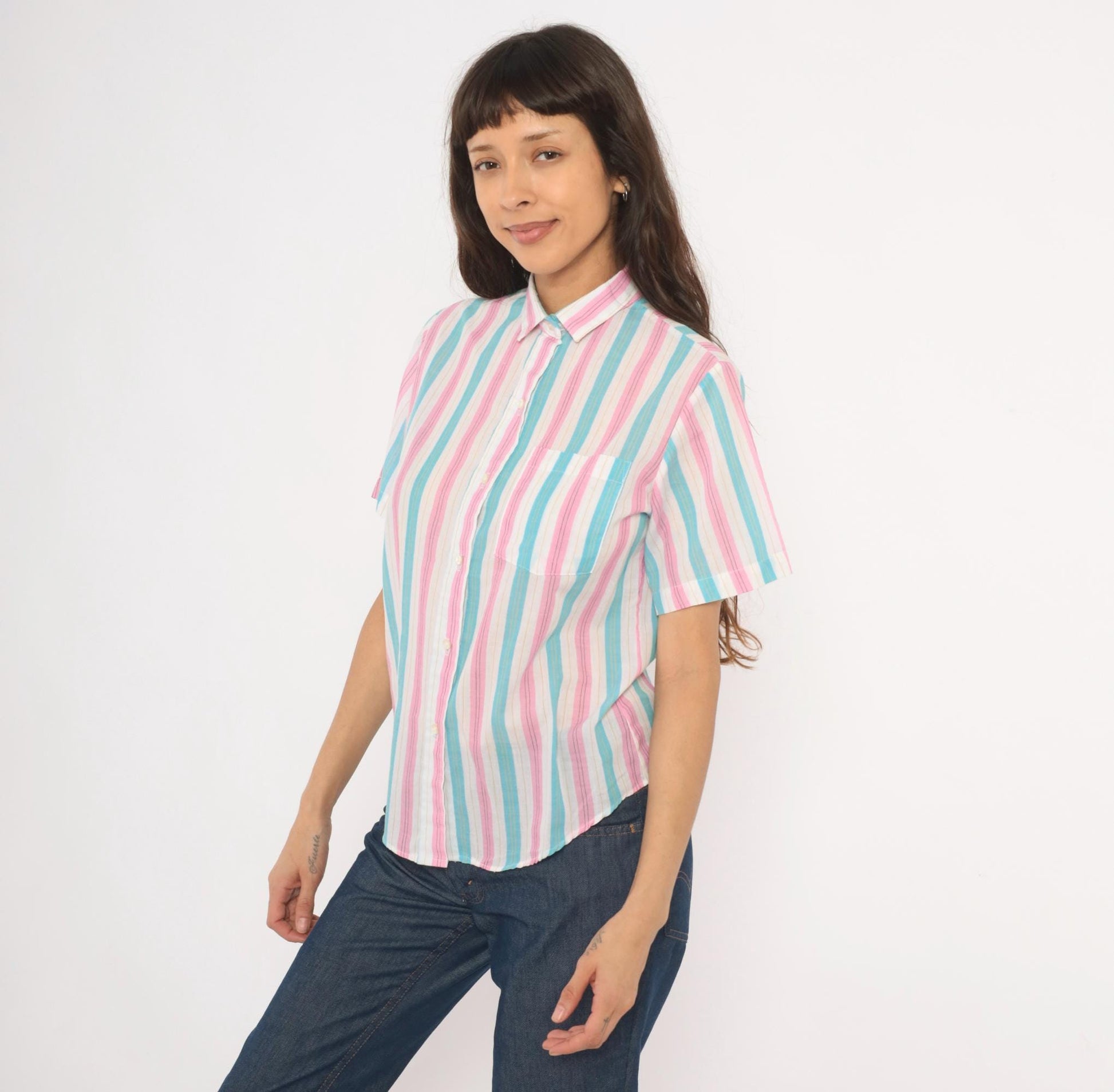80s Shirtmakers Ltd. Candy Stripe Button-Up Blouse Pink Sky Blue Large L