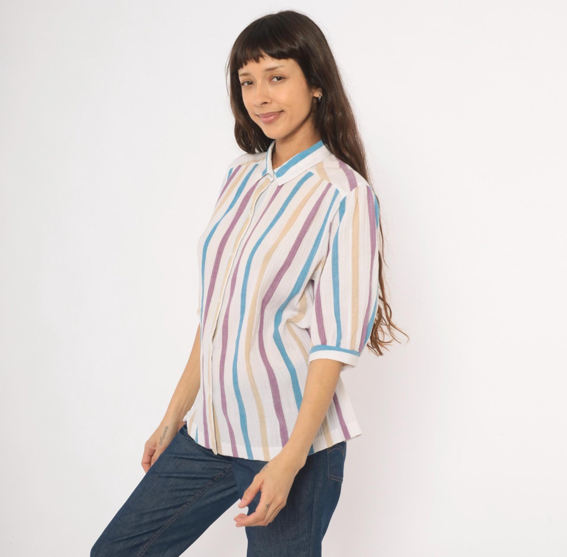 80s Koret Vertical Stripe Button Front Blouse Cream Purple Blue Tan Extra Large XL