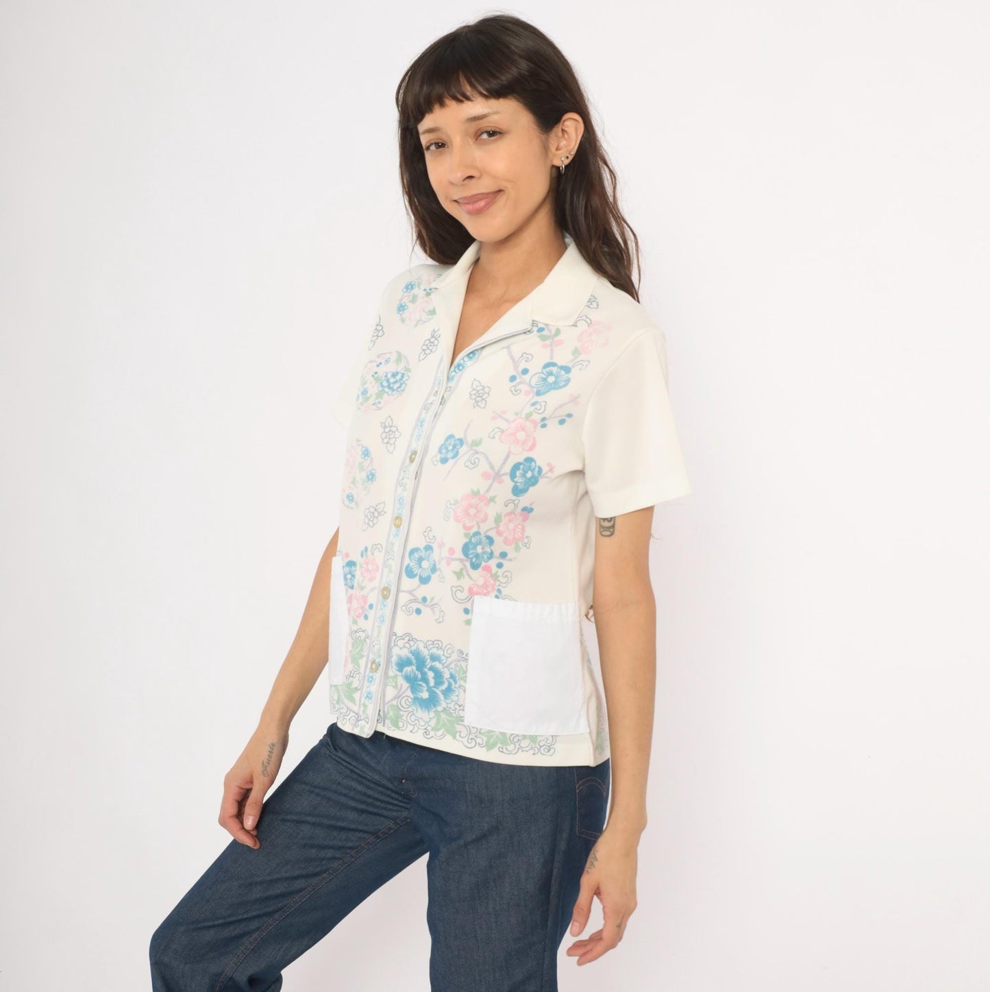 70s Cherry Blossom Peony Camp Collar Blouse Cream Floral Medium M