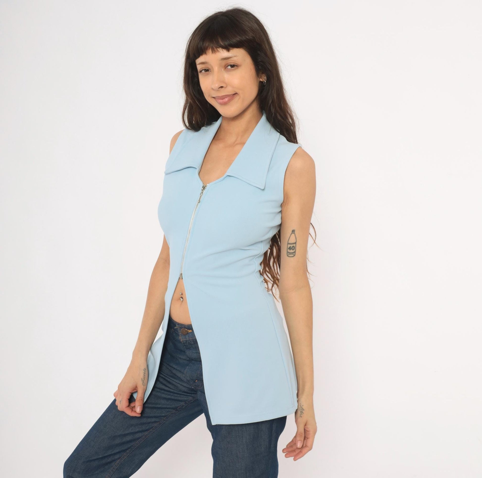 90s Lulyk Baby Blue Sleeveless Peplum Top Silver Zip V-Neck Small S