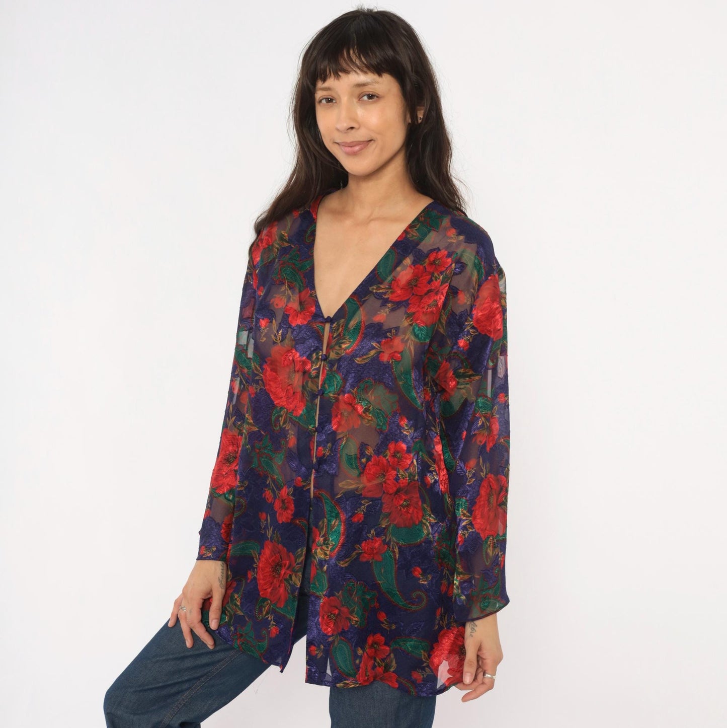 90s Victoria's Secret Sheer Kimono Robe Navy Floral Rose Print Small
