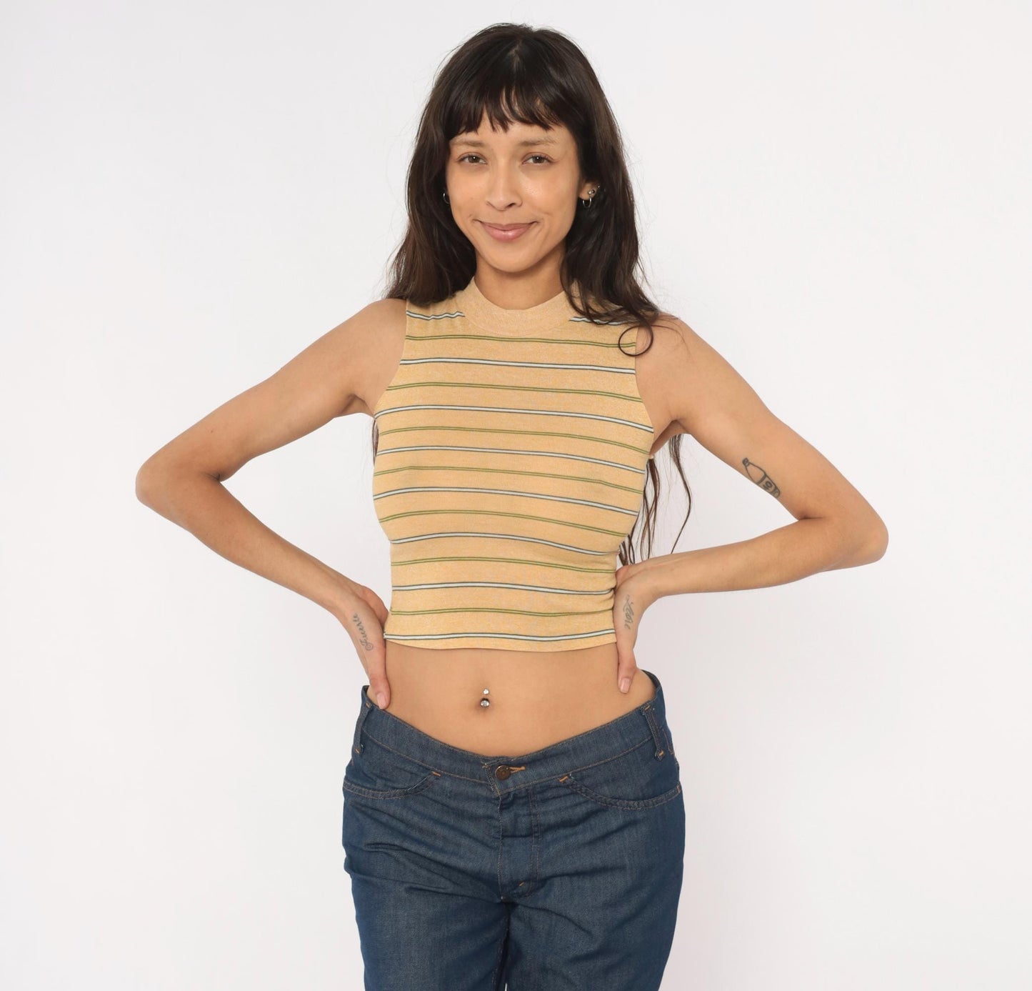 80s Towncraft Striped Mock Neck Crop Tank Tan Olive Extra Extra Small XXS
