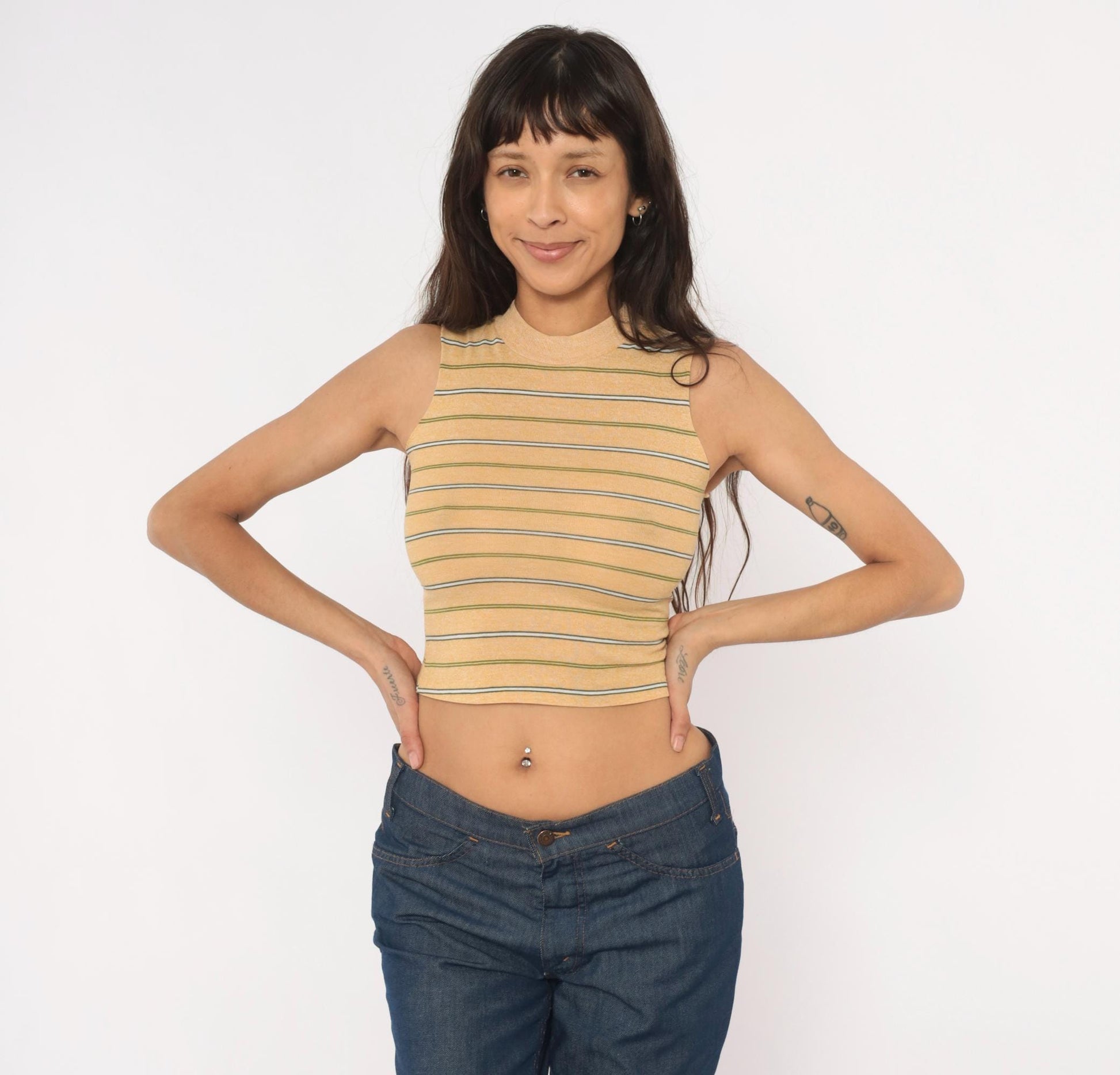 80s Towncraft Striped Mock Neck Crop Tank Tan Olive Extra Extra Small XXS
