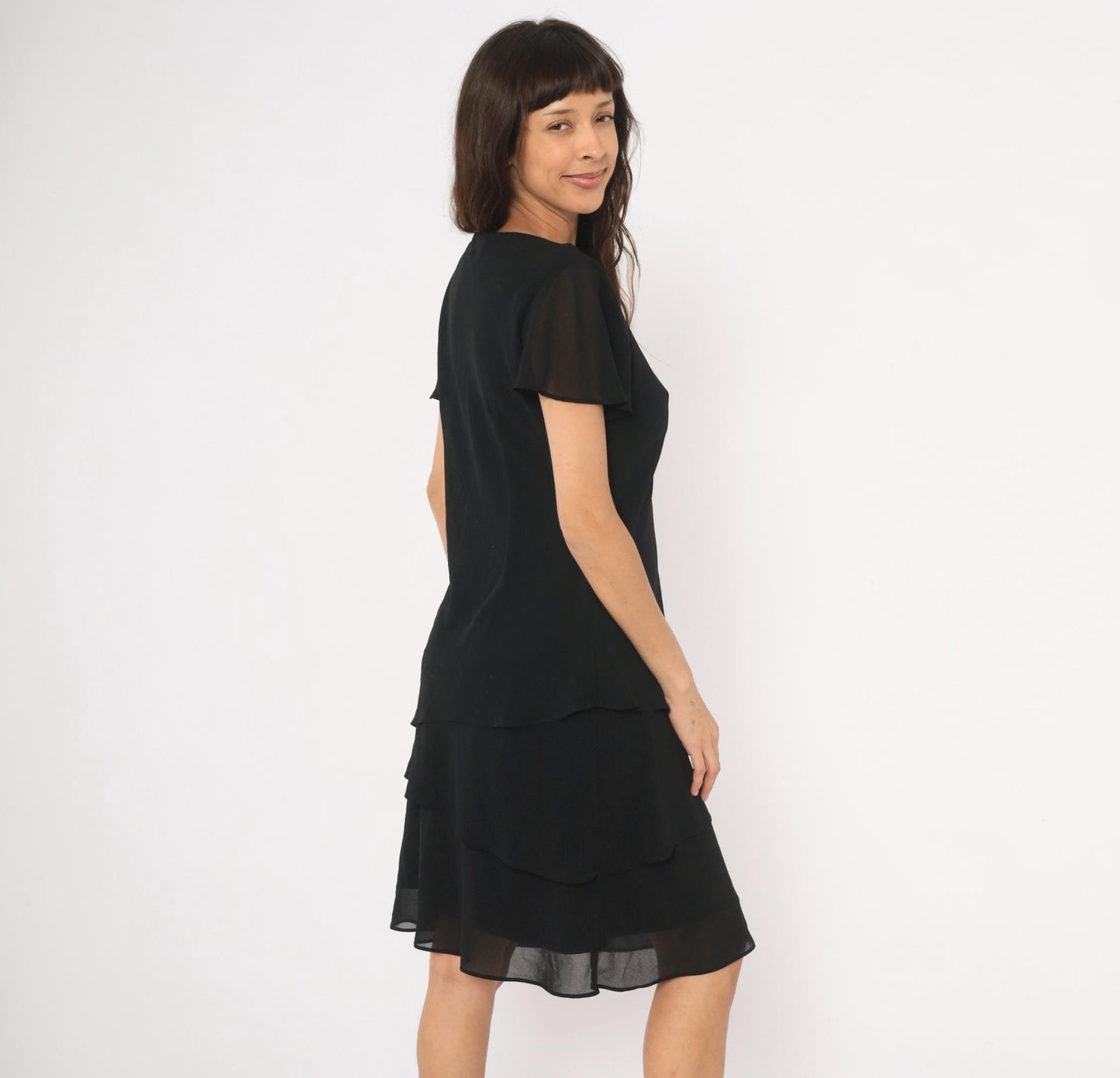 90s Black Knee-Length Chiffon Dress Flutter Sleeve Tiered Hem Medium