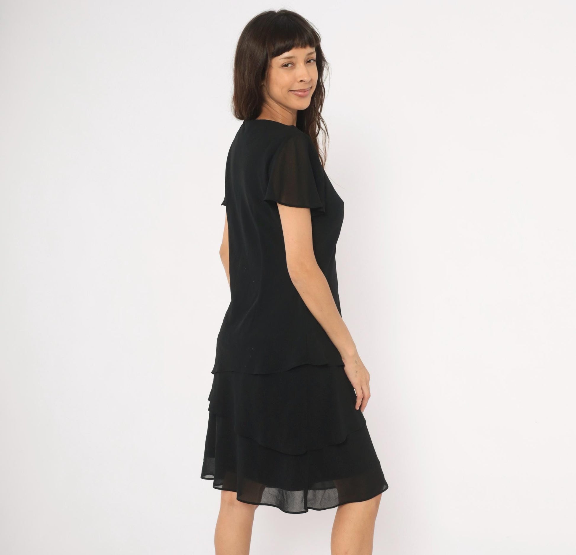 90s Black Knee-Length Chiffon Dress Flutter Sleeve Tiered Hem Medium