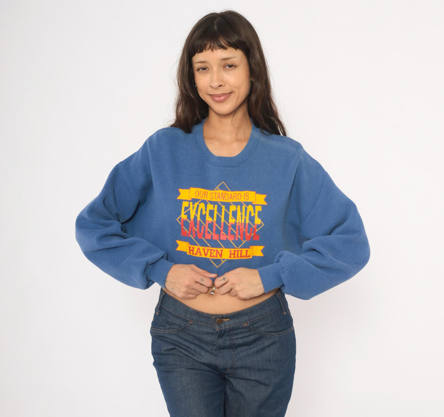 90s Jerzees Haven Hill Cropped Sweatshirt Cobalt Blue Graphic Crewneck Extra Large XL